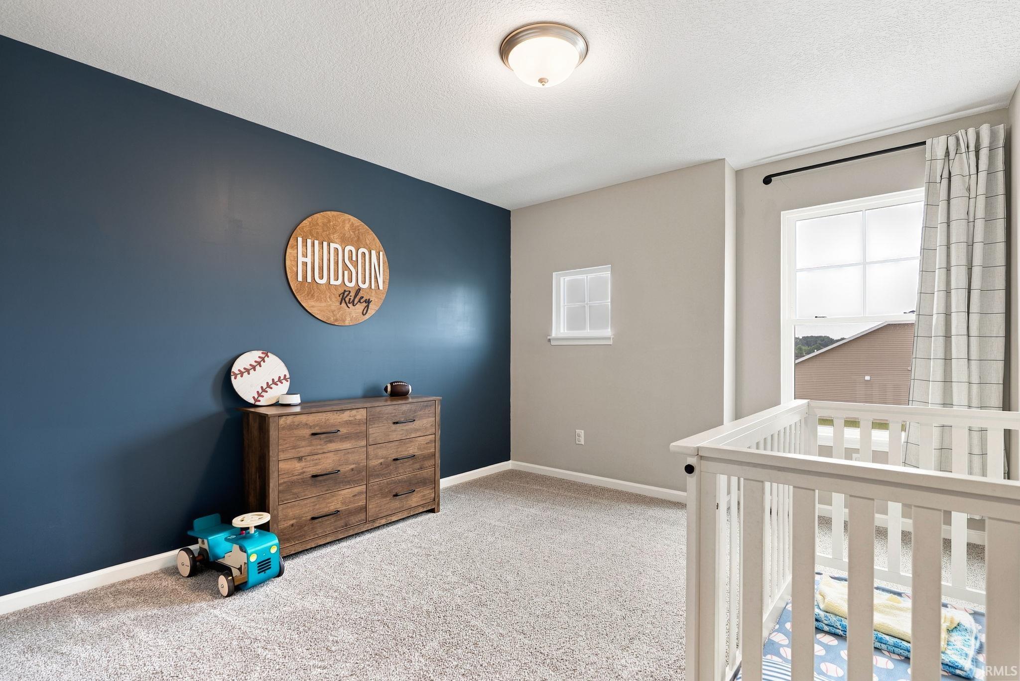 Room featuring plush carpeting, a large window with curtain rod, a smaller secondary window, and a ceiling-mounted light fixture
