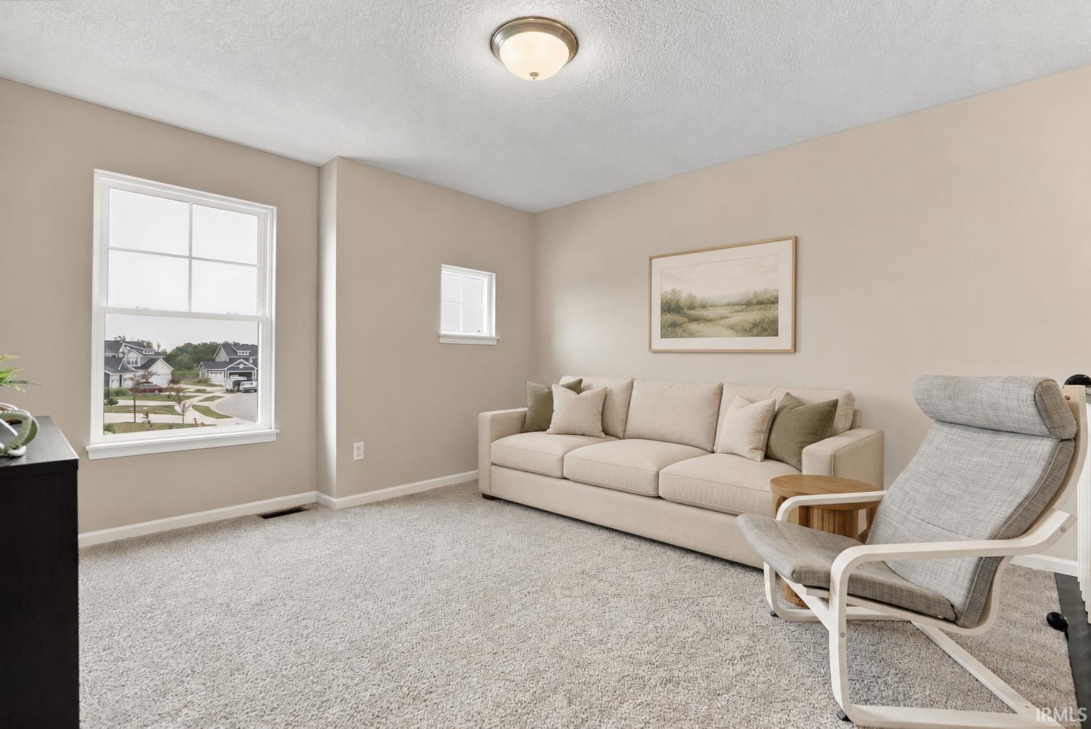 Carpeted interior space featuring neutral wall tones, white trim, and a ceiling-mounted light fixture