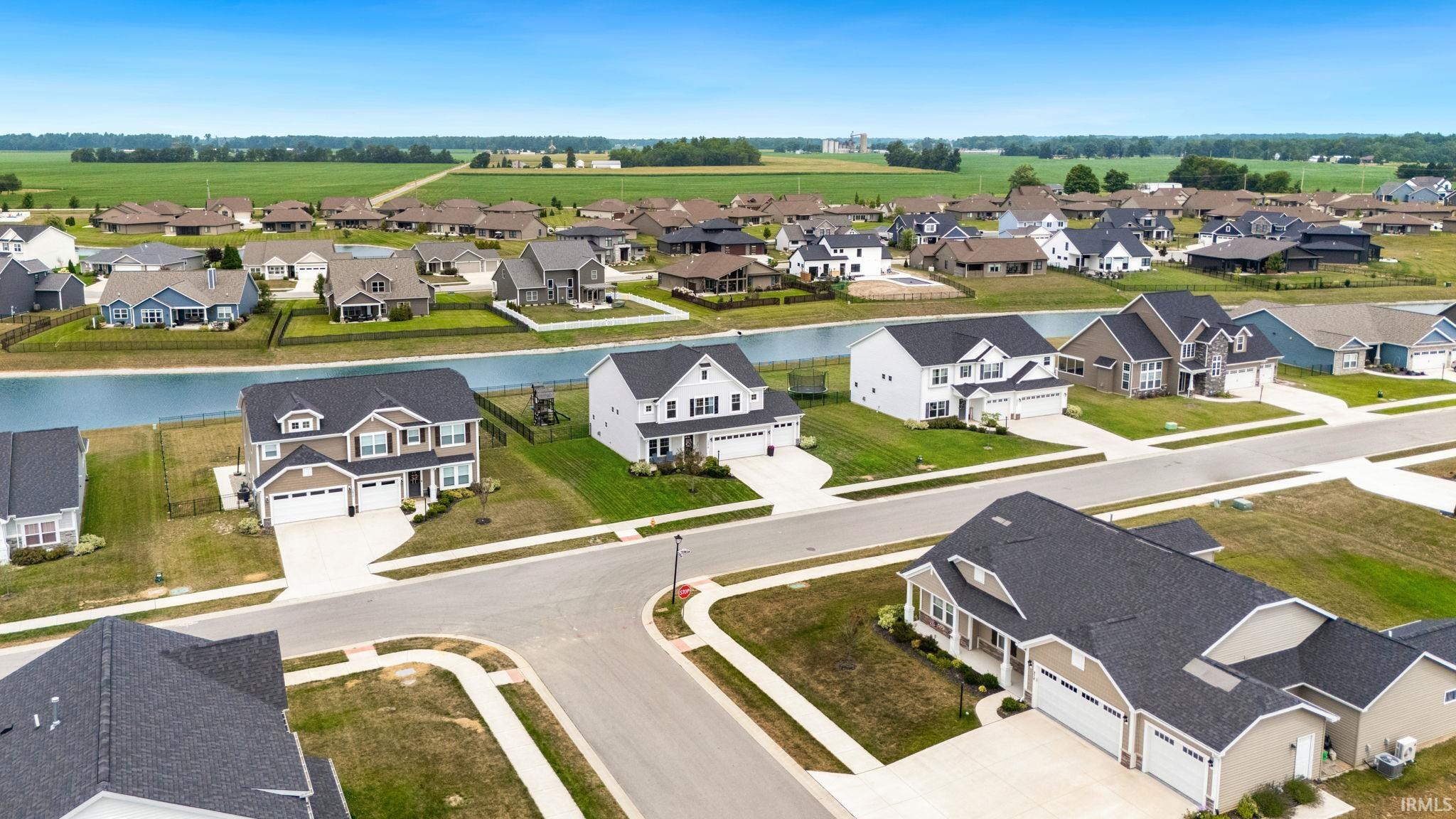 Aerial perspective showcasing a residential community with varied architectural styles