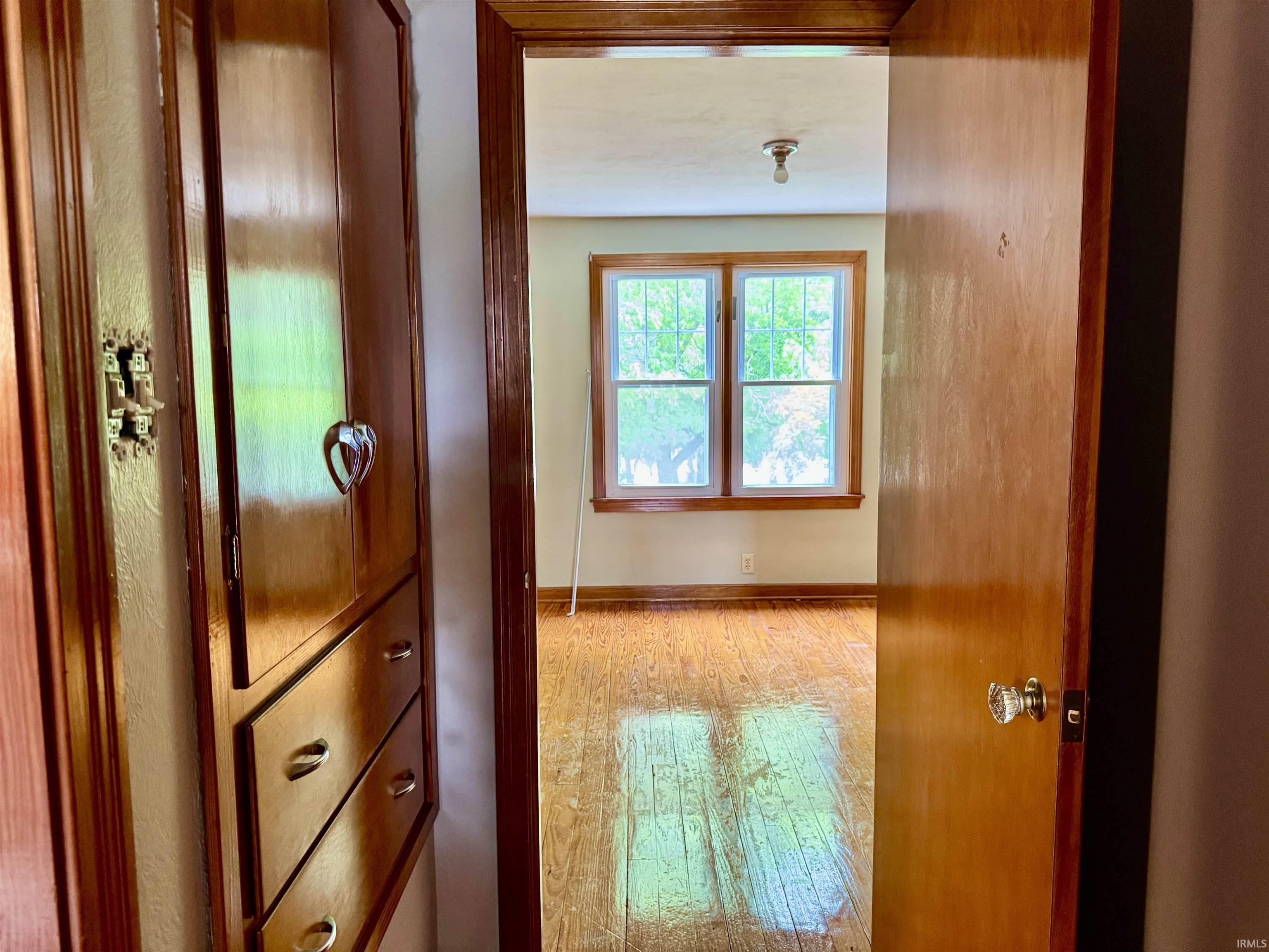 Interior room featuring wood-finish flooring, a double window, and a ceiling-mounted light fixture