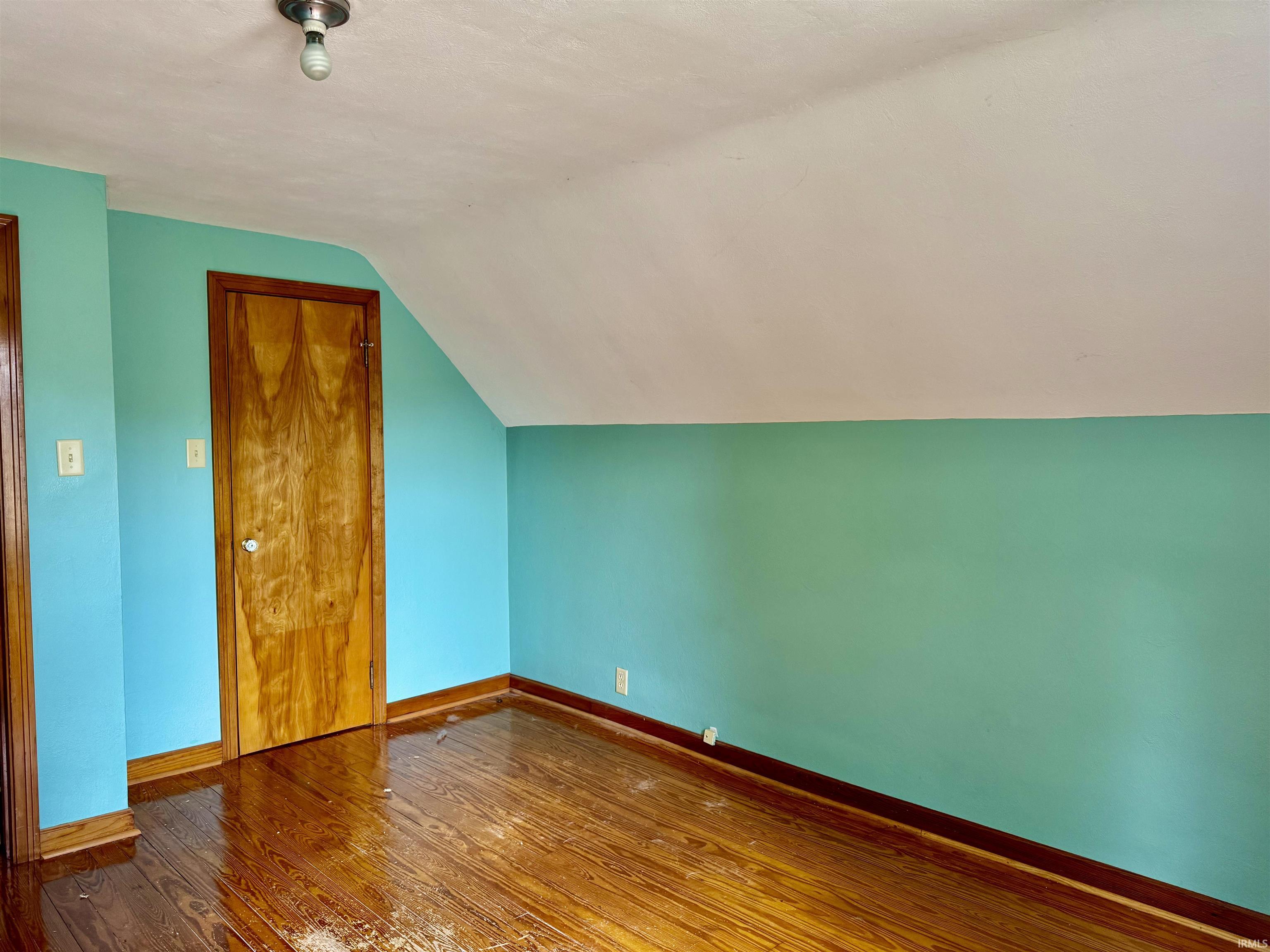 Attic room featuring wood-finish flooring, vibrant wall colors, a sloped ceiling, and a prominent wood-panel door