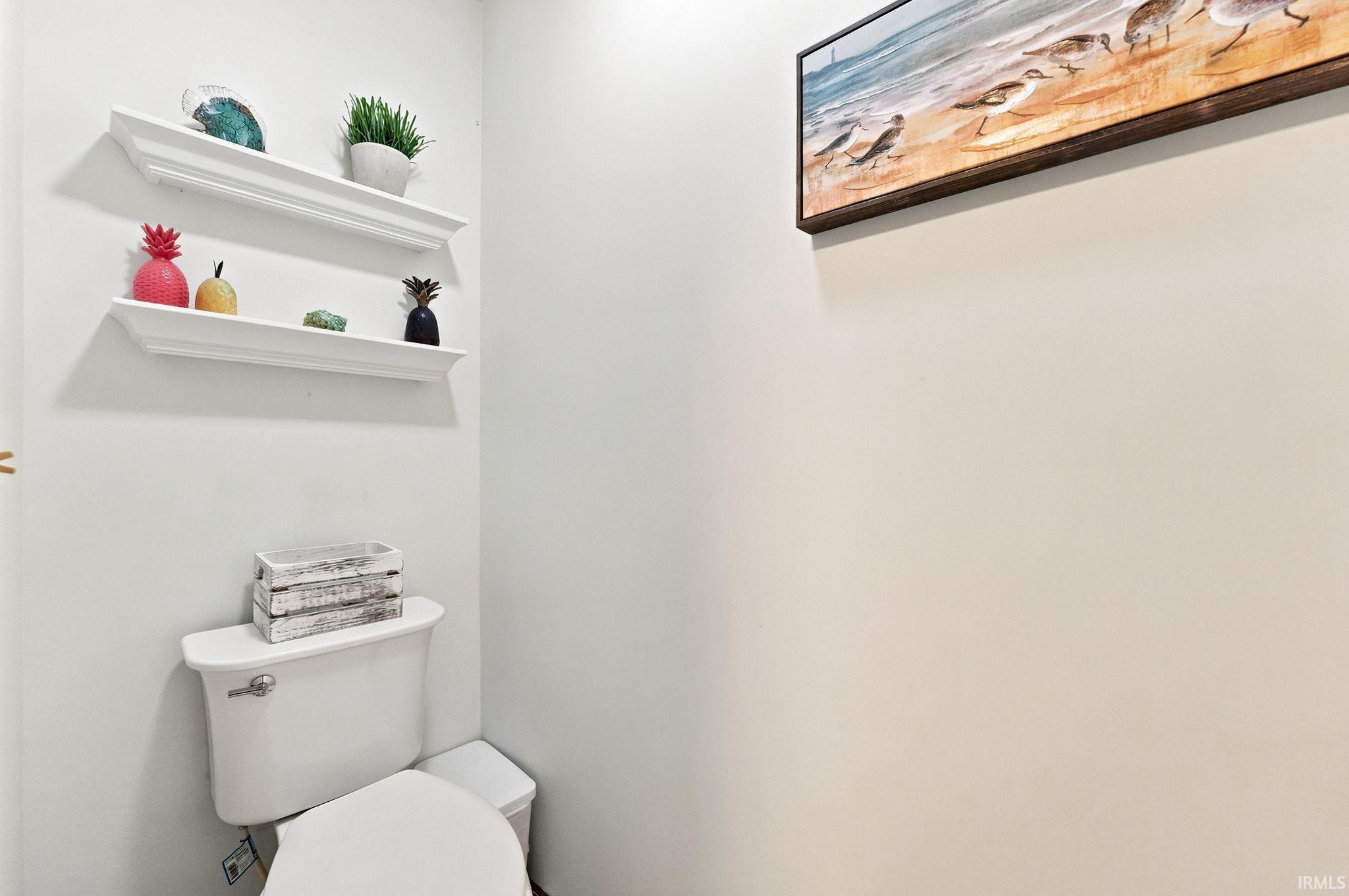 White wall-mounted shelving above a white toilet