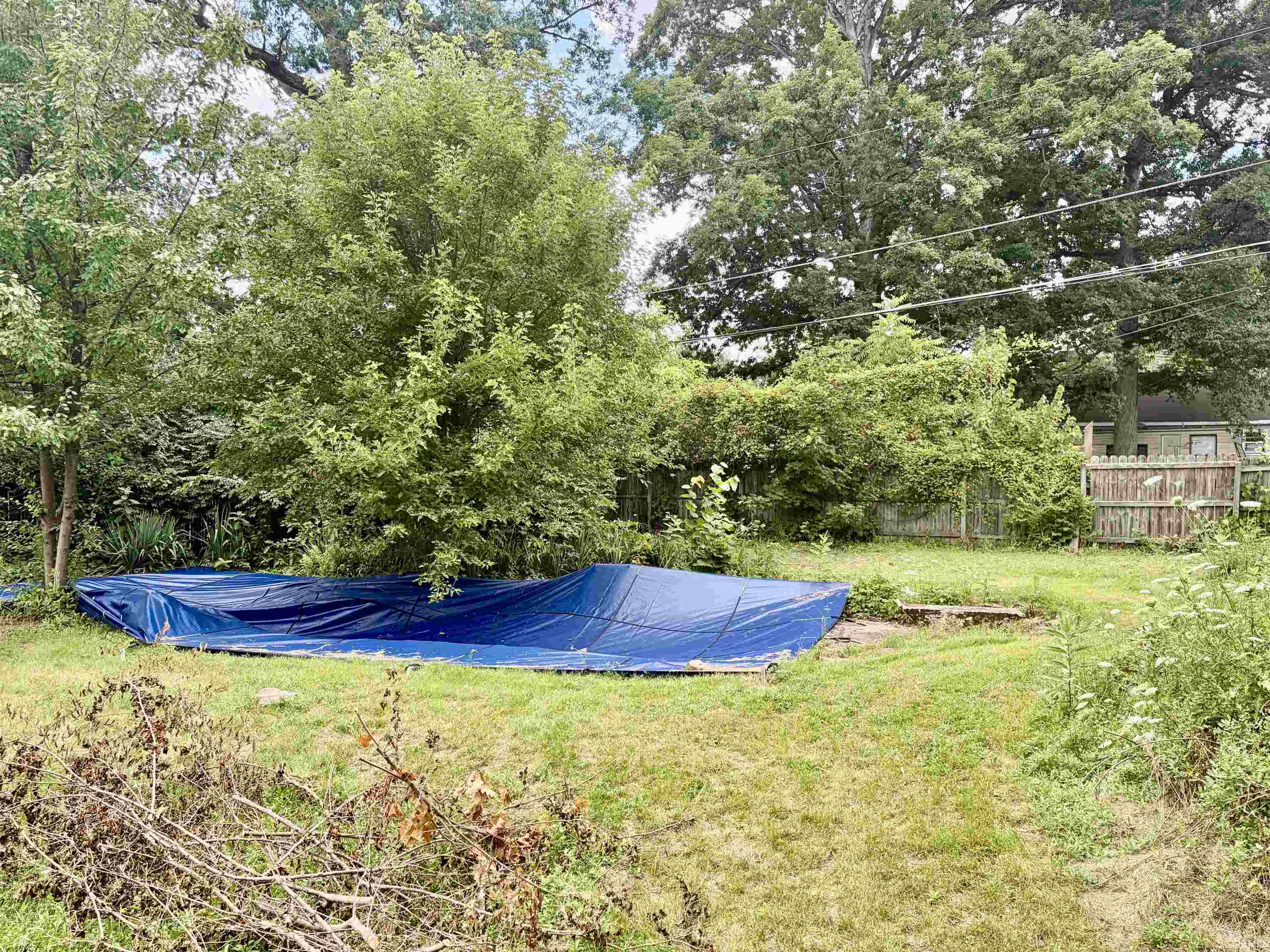 Expansive backyard featuring an in-ground pool covered with a blue tarp, mature trees, and a wooden fence