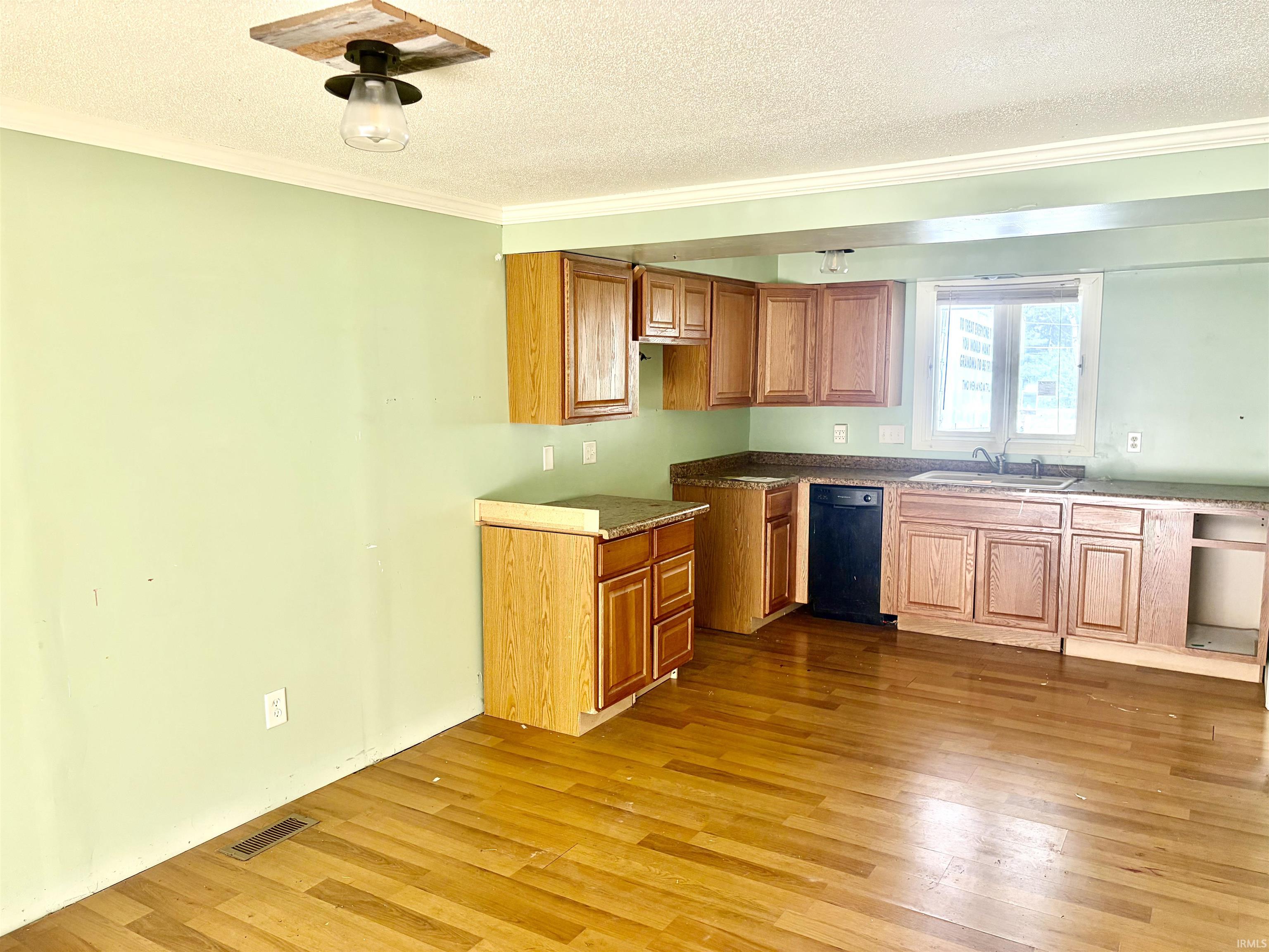 Kitchen area featuring wood-finish flooring, light green walls, wood cabinetry, and a double-basin sink below a window