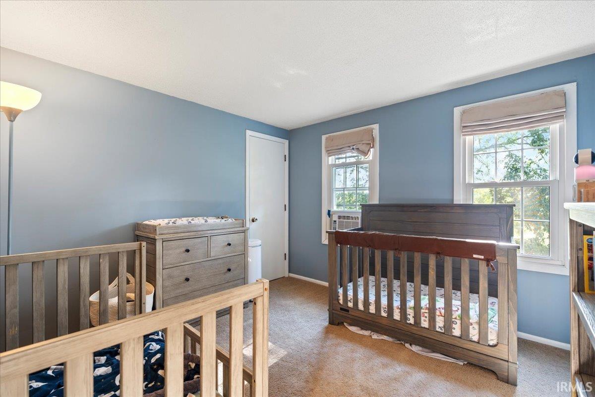 Room with light blue walls, two windows with window treatments, and carpet flooring