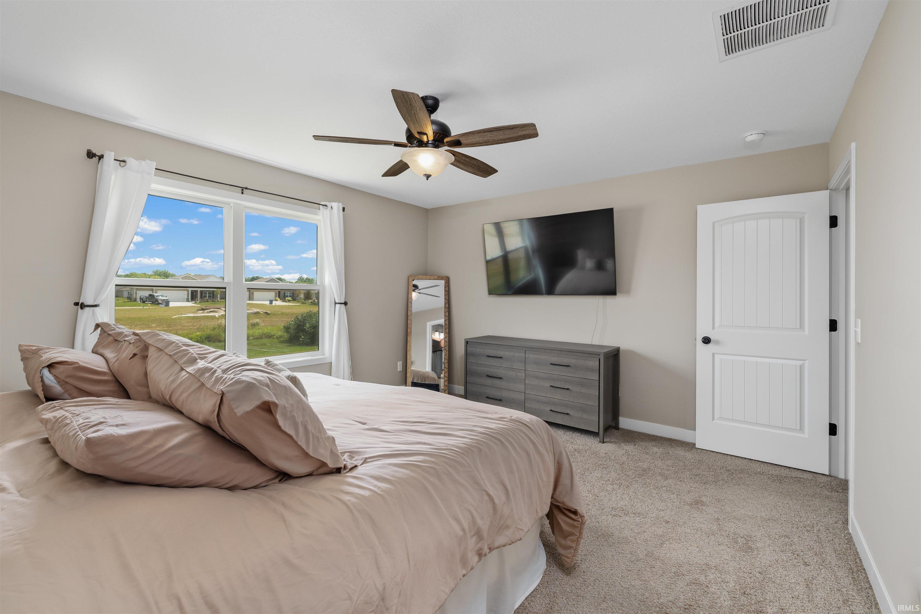 Light-filled room featuring large windows, a ceiling fan with light fixture, neutral-toned carpeting, and a white paneled door with dark hardware