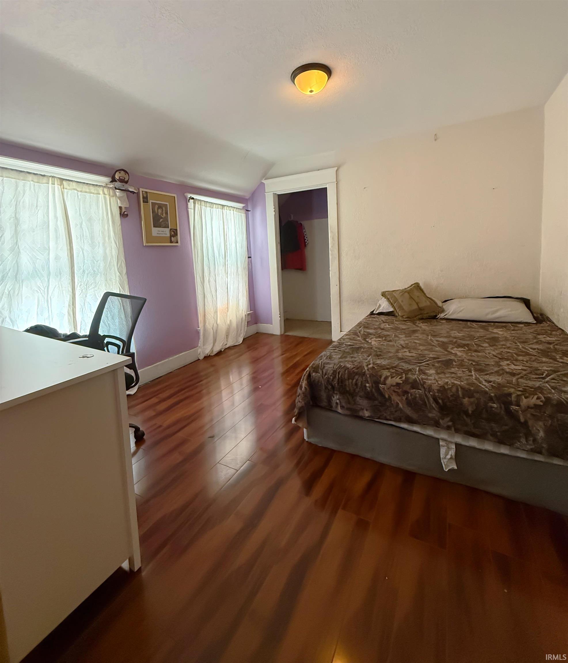 Interior room featuring wood-finish flooring, two windows, and a ceiling-mounted light fixture
