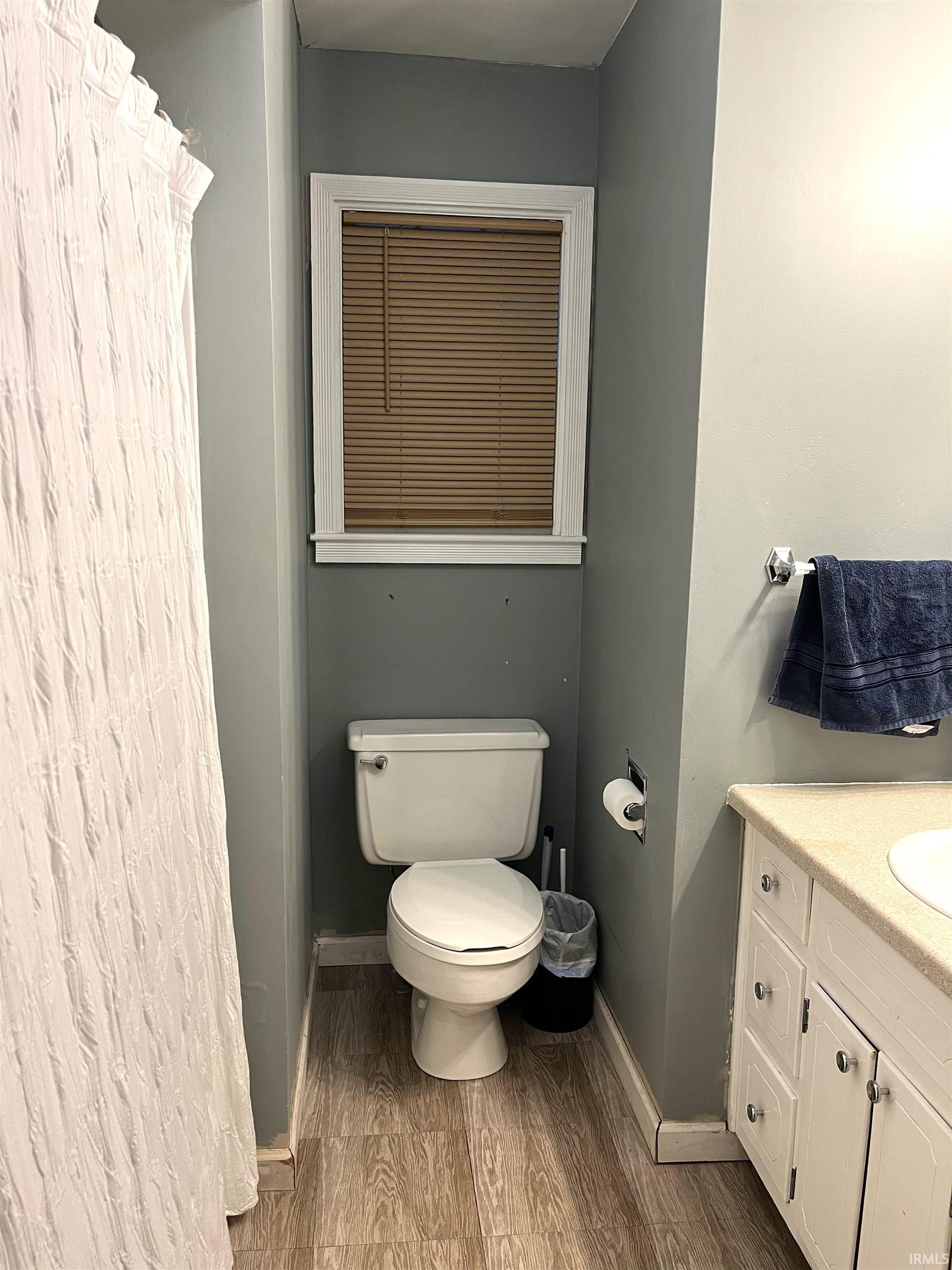 Bathroom featuring a window with blinds, wood-finish flooring, a white toilet, and a vanity with a countertop and under-sink cabinetry