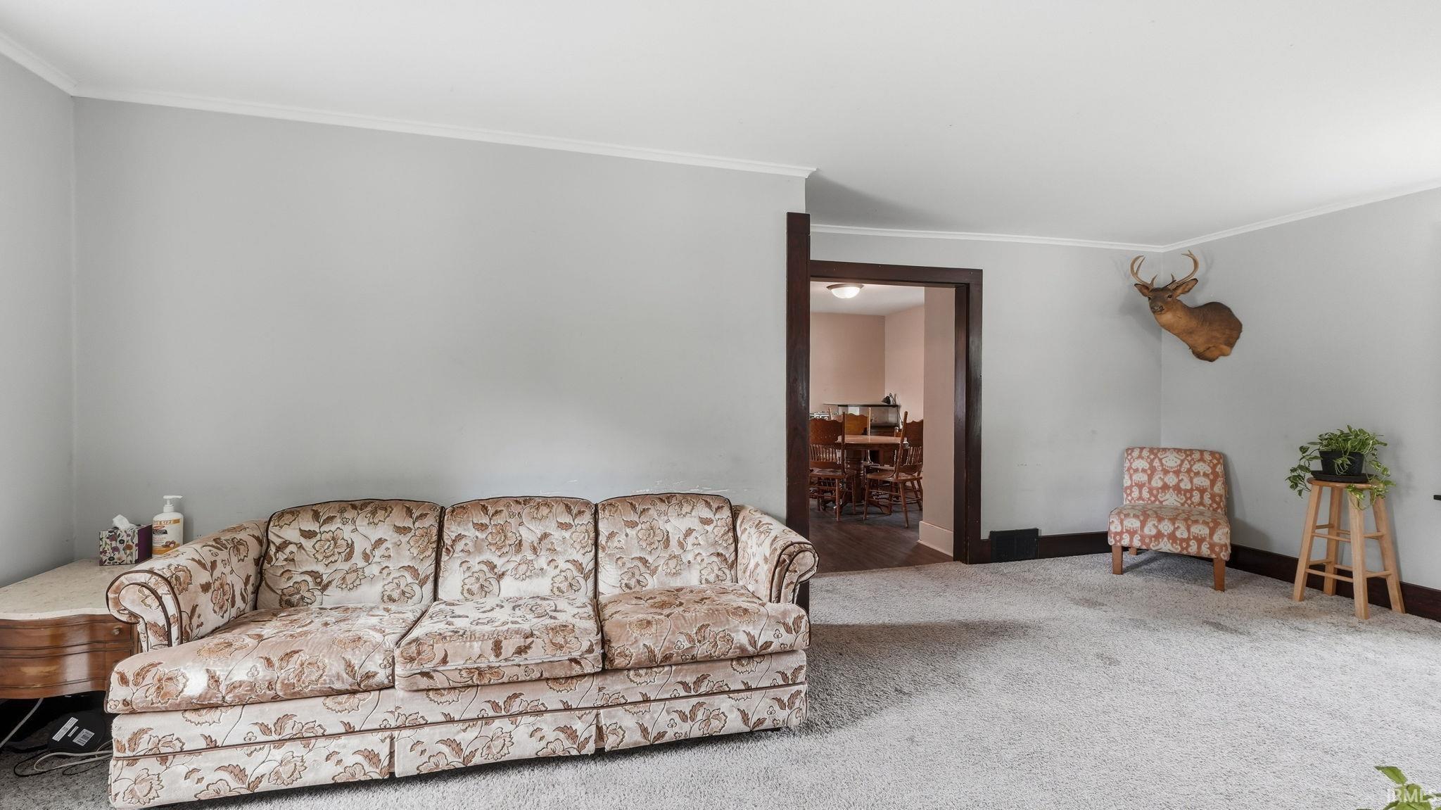 Spacious room with light gray walls, white crown molding, and dark wood trim