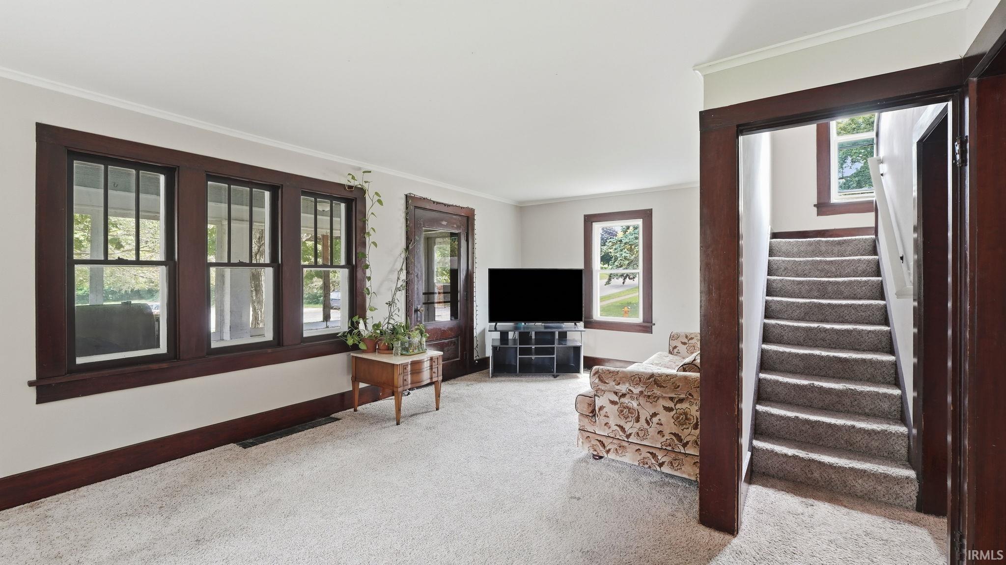 Living area featuring light-colored carpet flooring, white wall paint, and dark wood trim