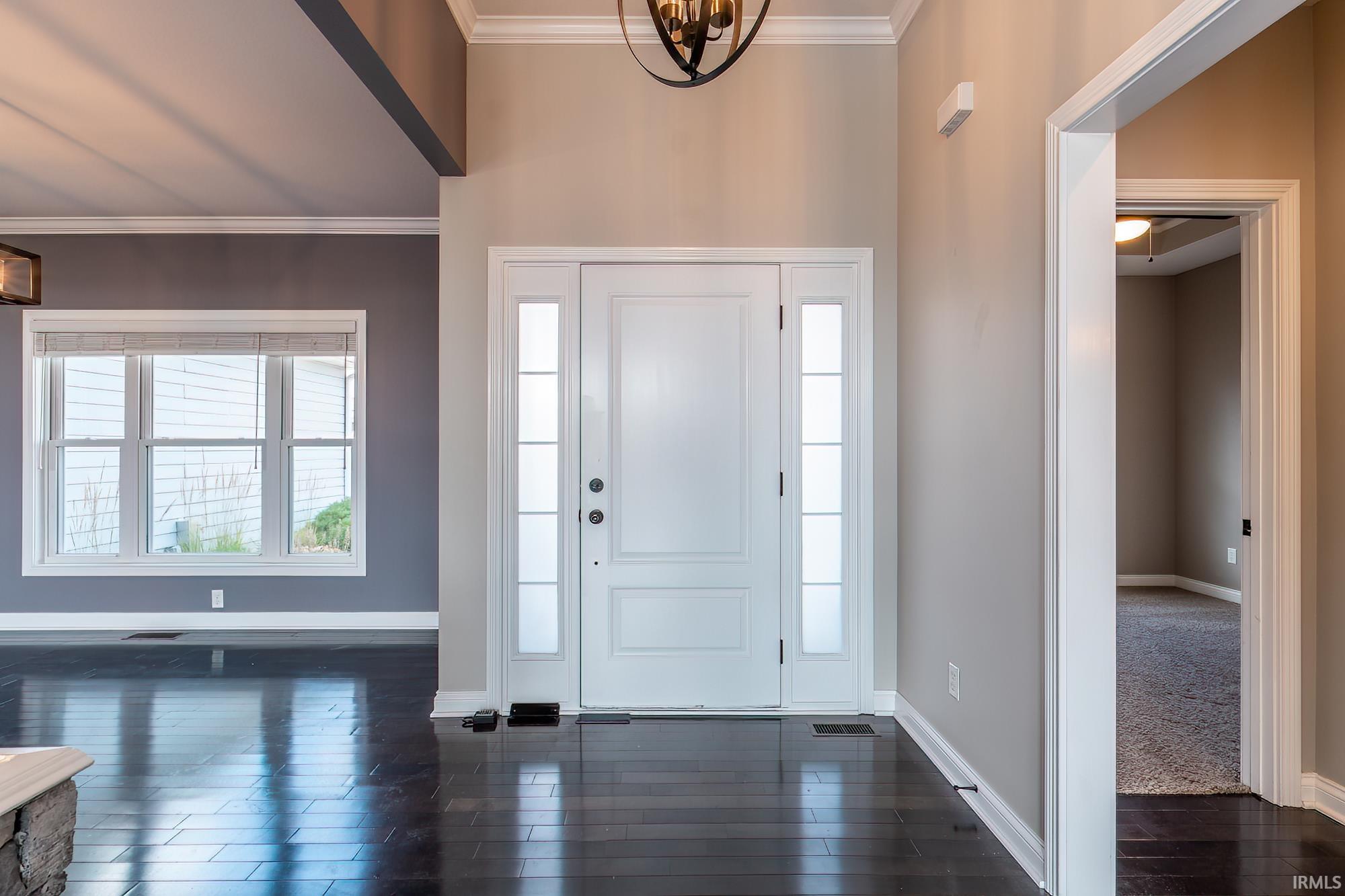 Entryway featuring a white paneled door with sidelights, dark wood-finish flooring, and crown molding