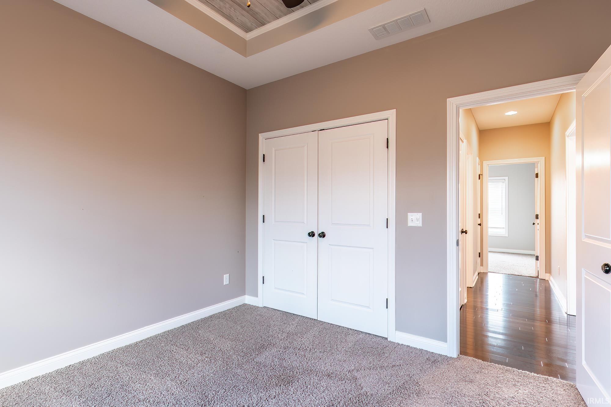 Room featuring tray ceiling with wood-finish accent, neutral-toned walls, and plush carpeting