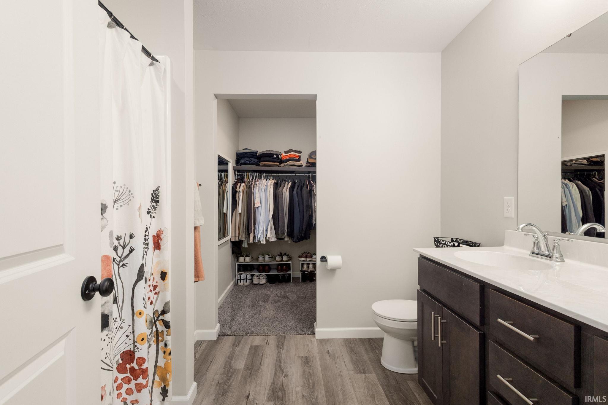 Bathroom featuring wood-finish flooring, a dark wood-tone vanity with a white countertop, and a walk-in closet with carpet flooring