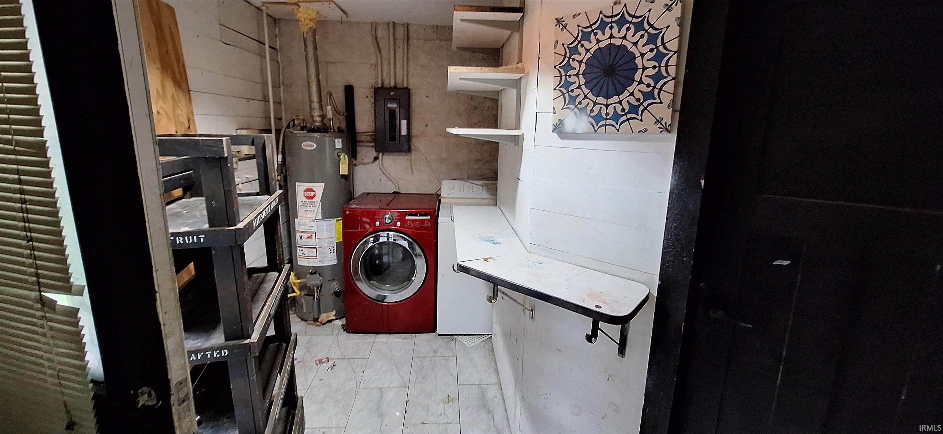 Dedicated utility space featuring a water heater, electrical panel, and multiple wall-mounted shelves