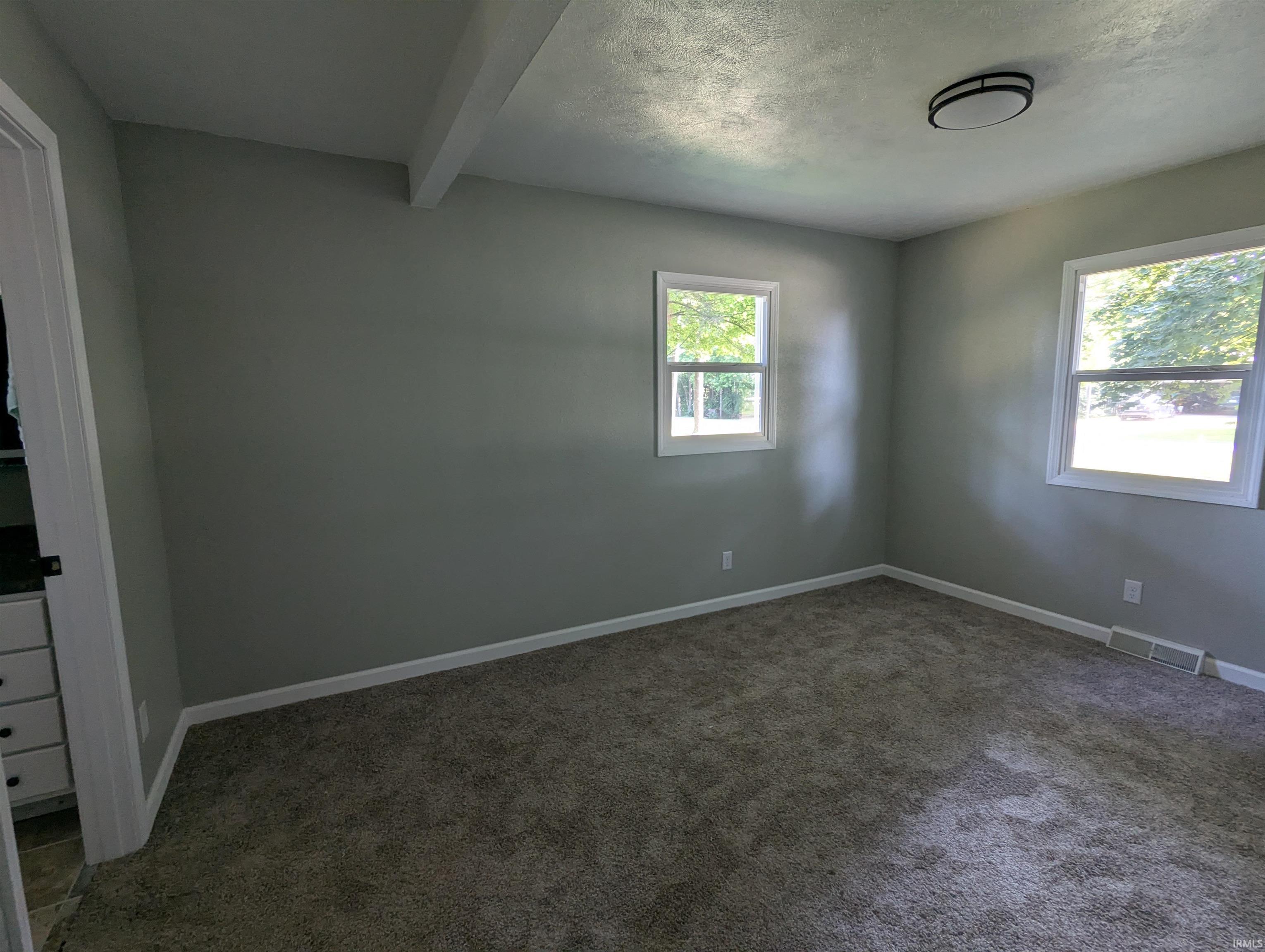 Room featuring neutral-toned carpet, light gray walls, two windows with white trim, a flush-mount ceiling light fixture, and white baseboards