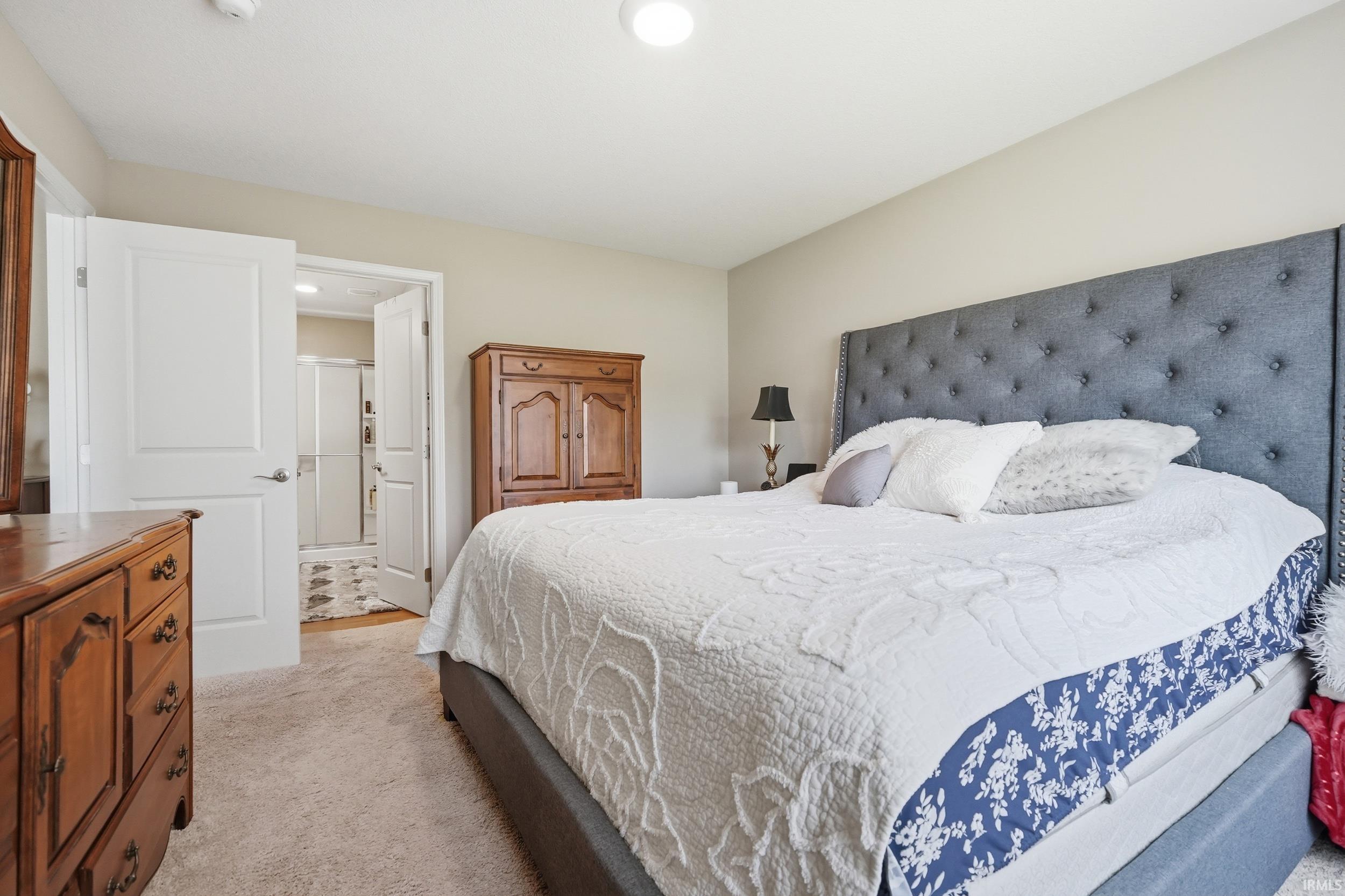 Carpeted bedroom with neutral wall tones and a built-in overhead light fixture
