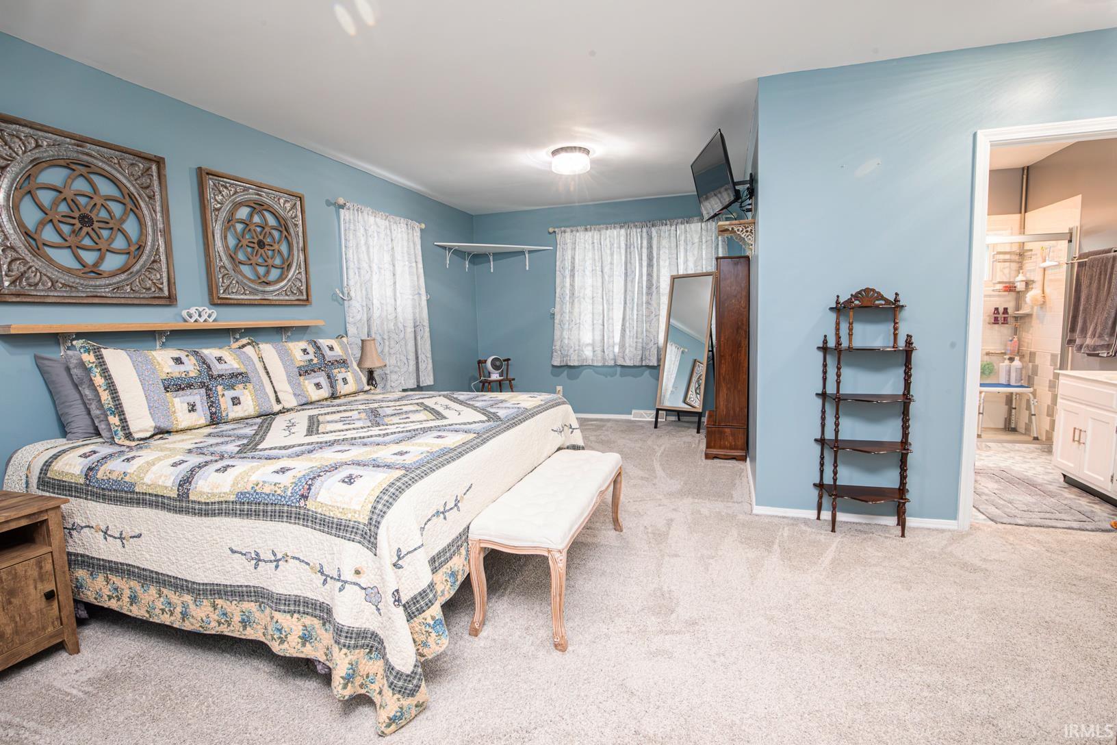 Carpeted bedroom with a light blue wall finish