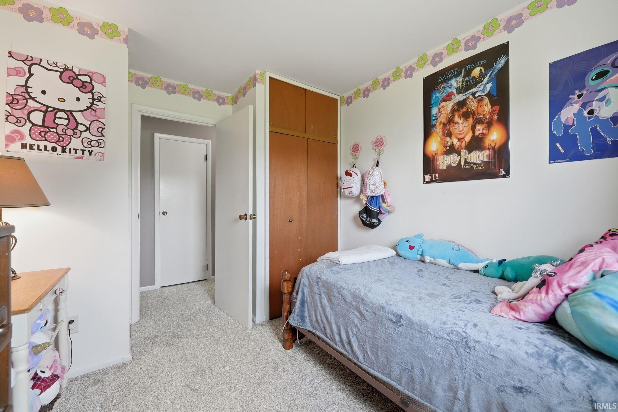 Carpeted interior room with white walls and a built-in wood-finish closet