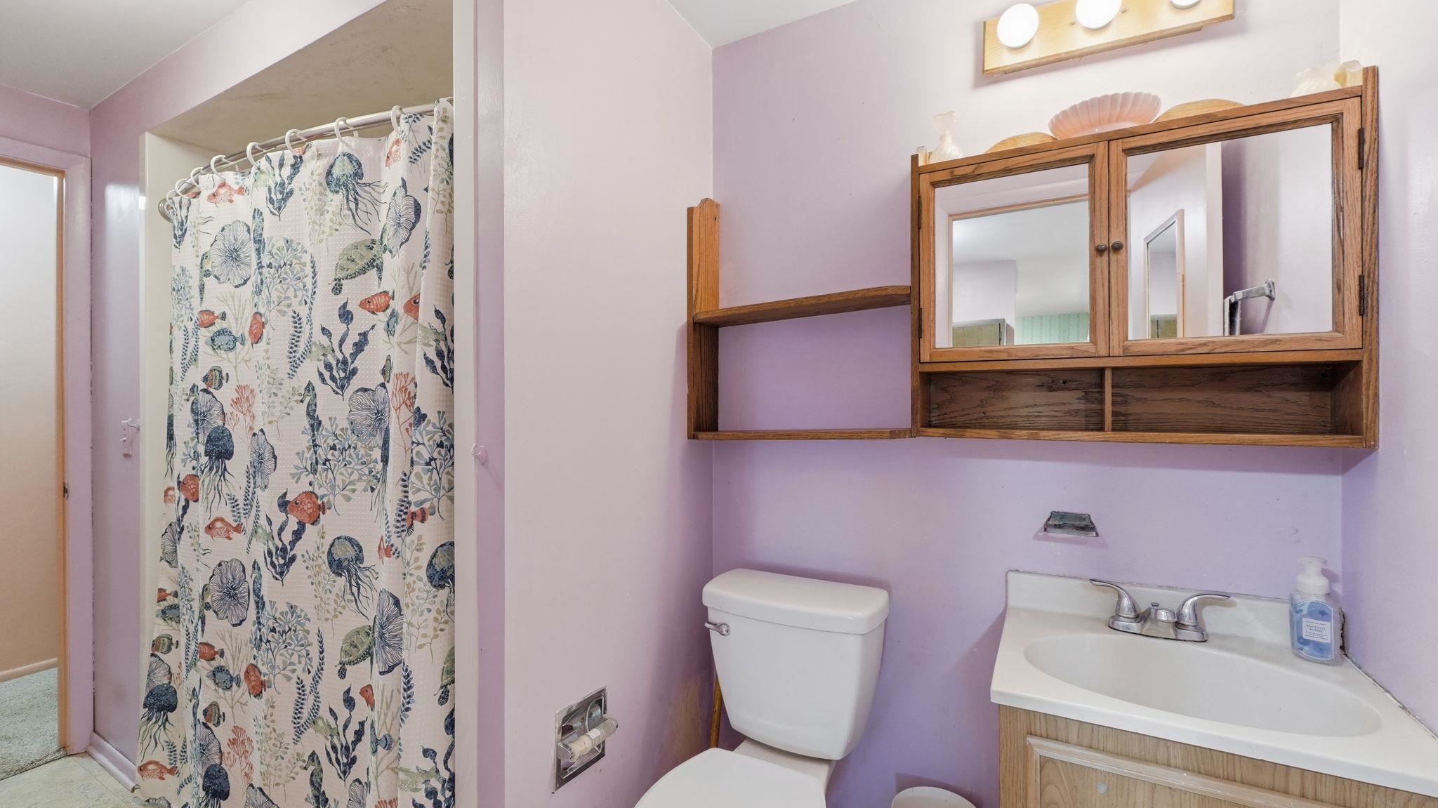 Bathroom featuring a shower area, a white toilet, and a vanity with a drop-in sink