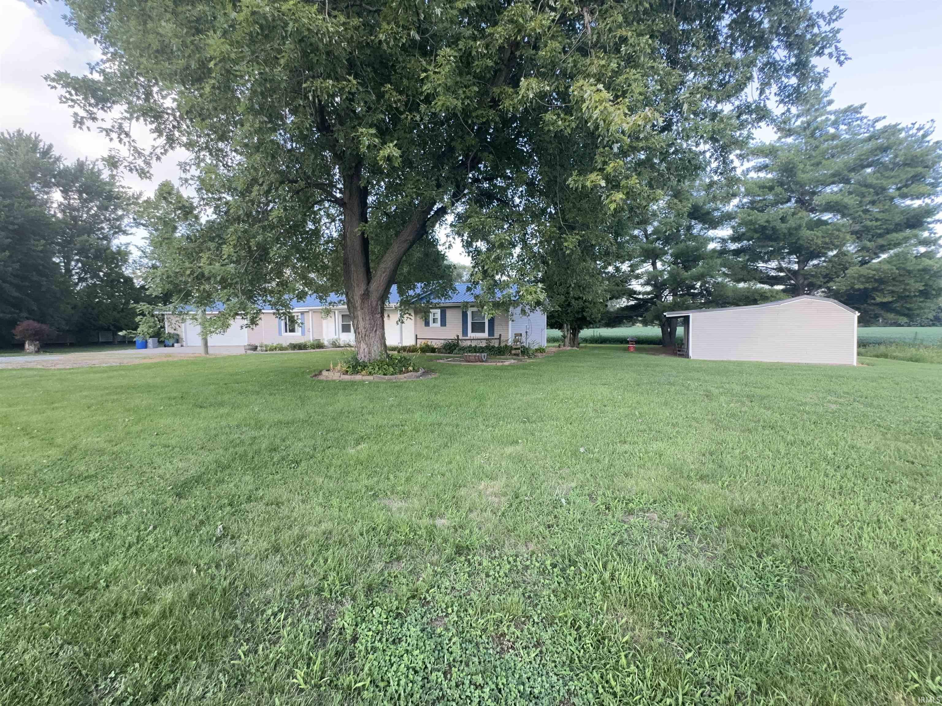 Sprawling grounds featuring a manicured lawn anchored by a mature shade tree, with a traditional single-story residence and detached outbuilding set on expansive acreage