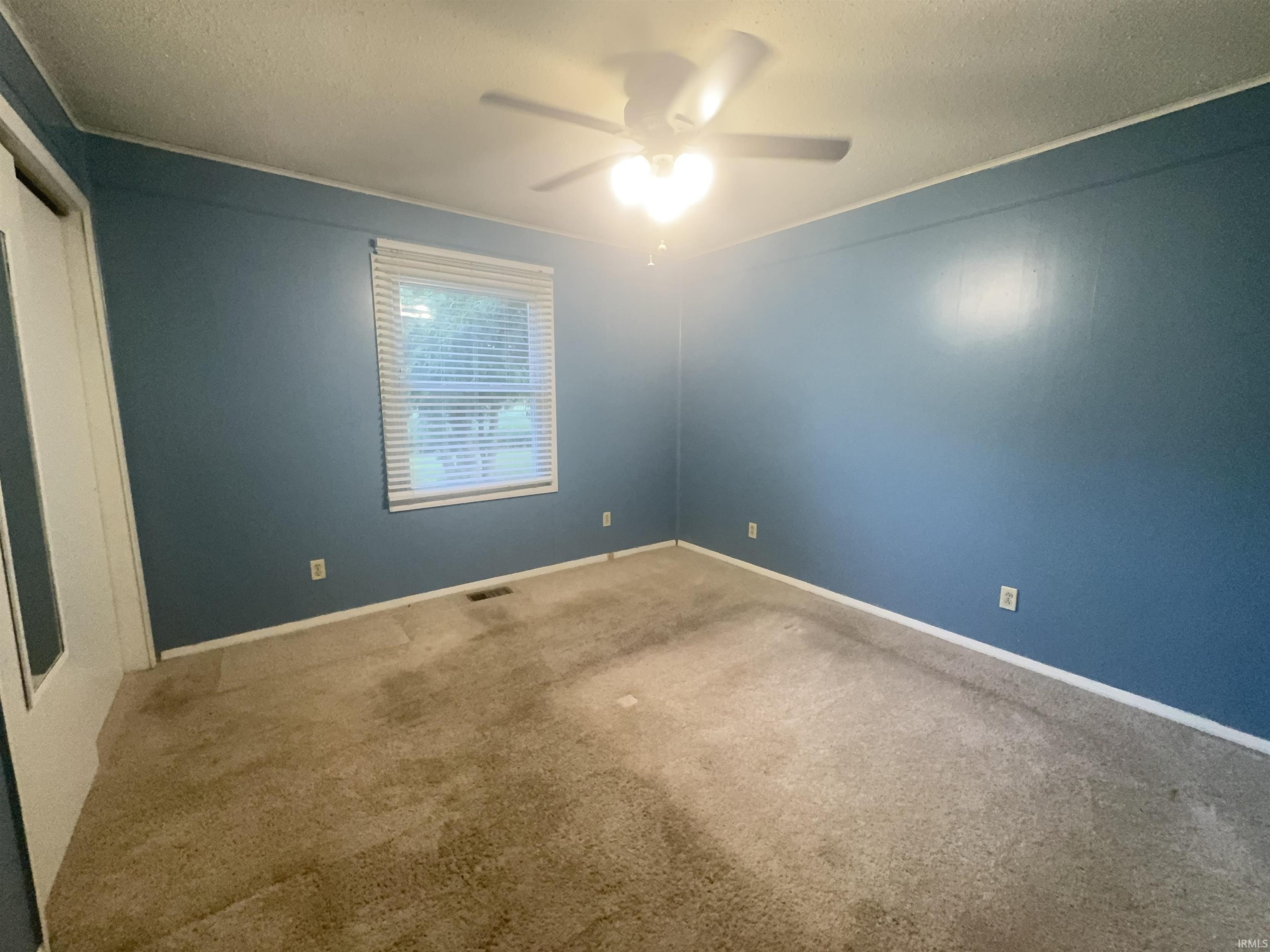 Room featuring blue painted walls, neutral carpeting, and a window with horizontal blinds
