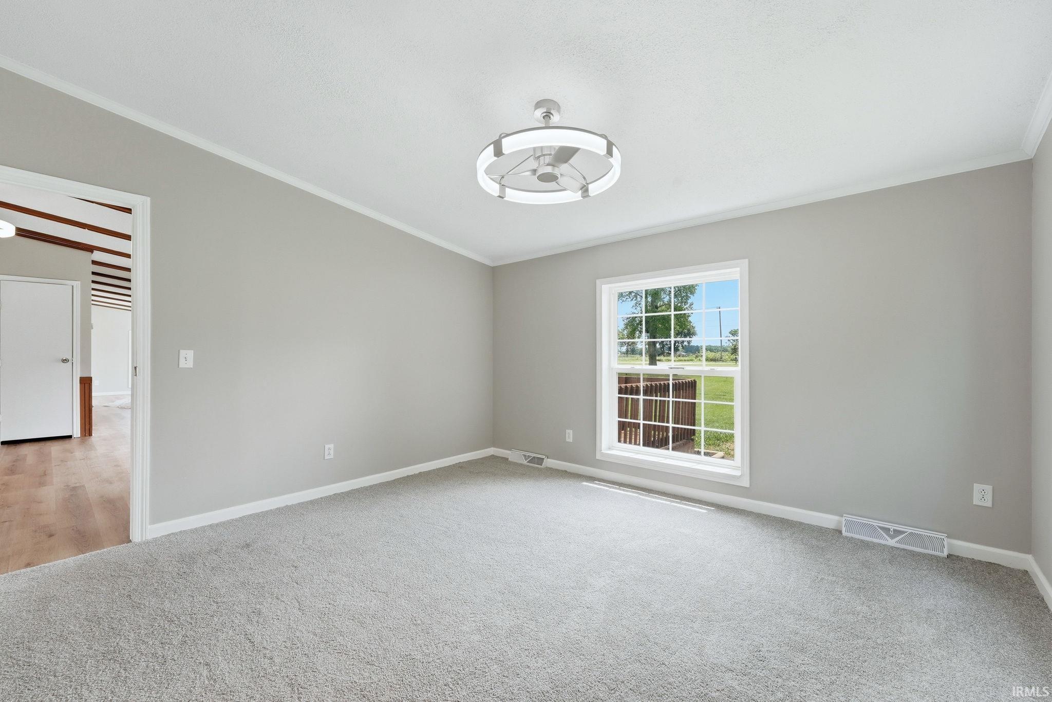 Carpeted room with a ceiling-mounted light fixture and a window featuring exterior landscaping