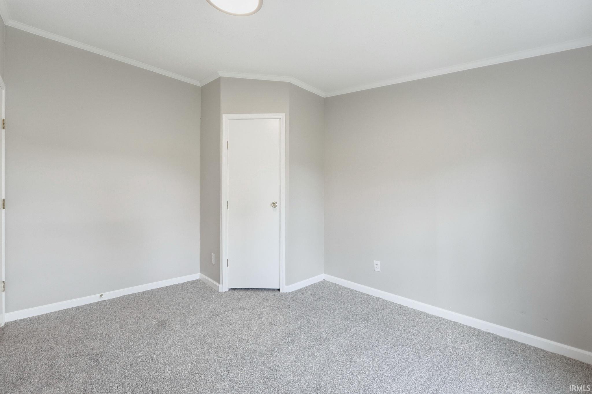 Neutral-toned room with light gray carpeting and crisp white baseboards