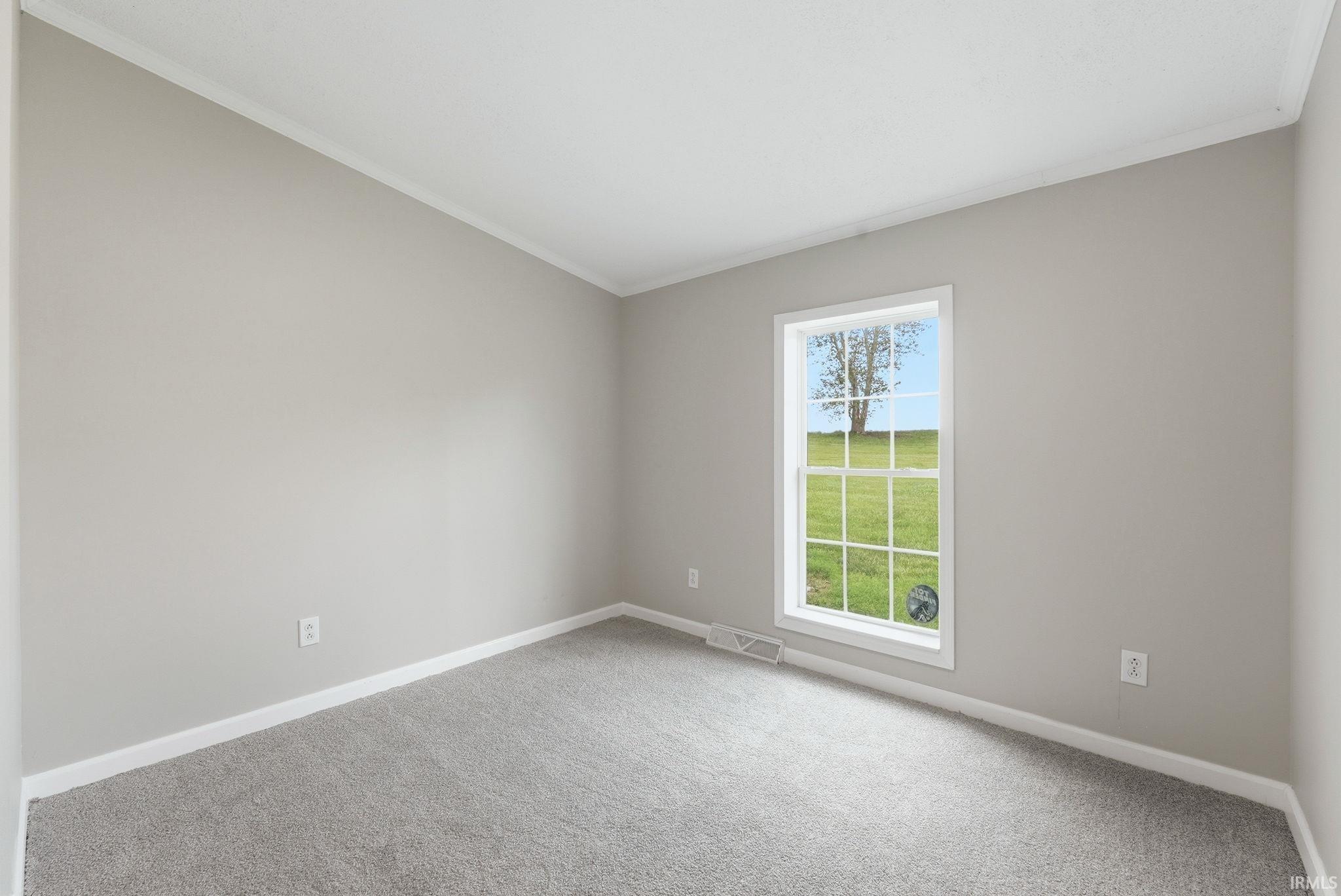 Light-filled interior space featuring neutral wall paint, white trim, gray carpeting, and a window overlooking a green landscape