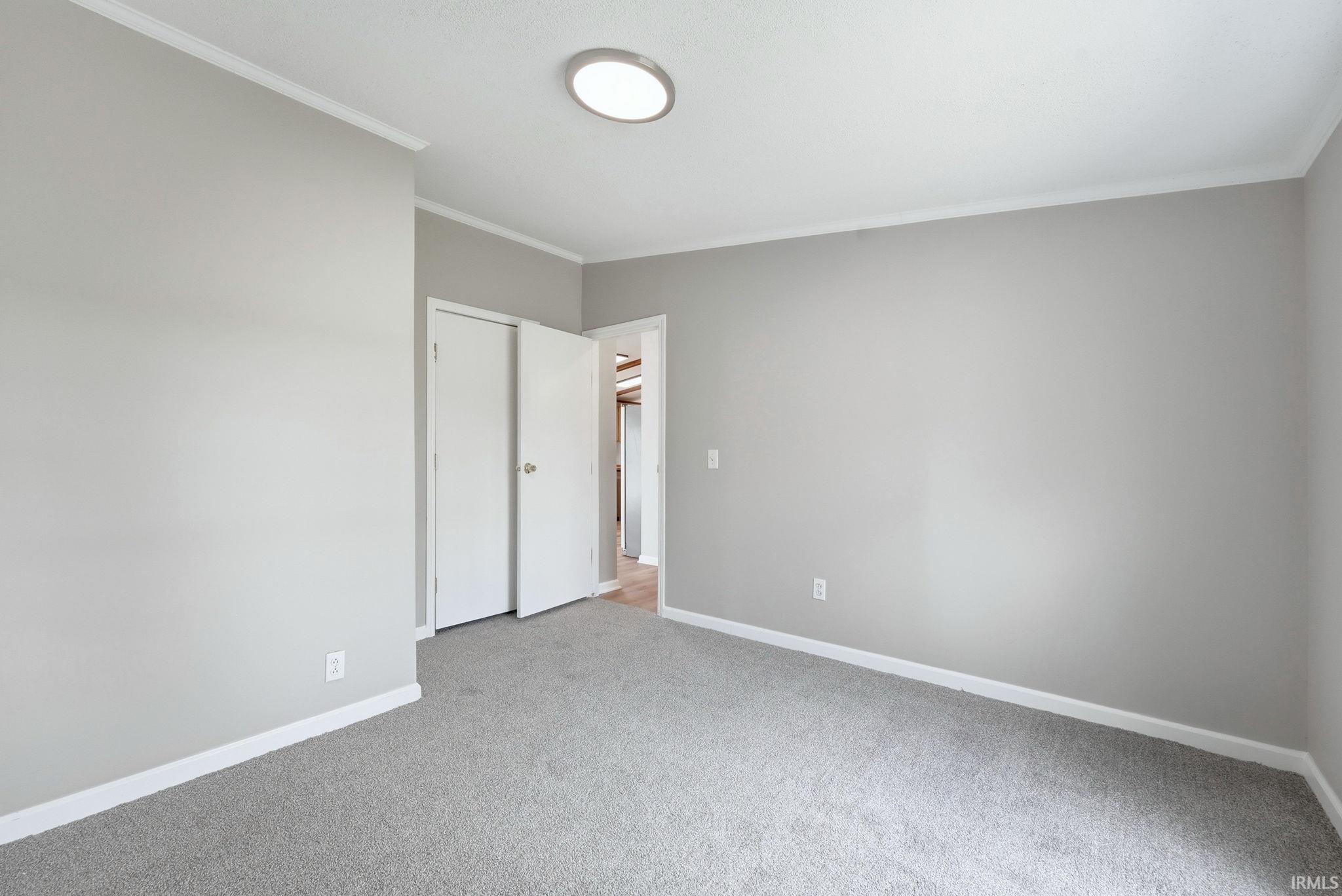 Carpeted room with light gray walls, white baseboards, and crown molding