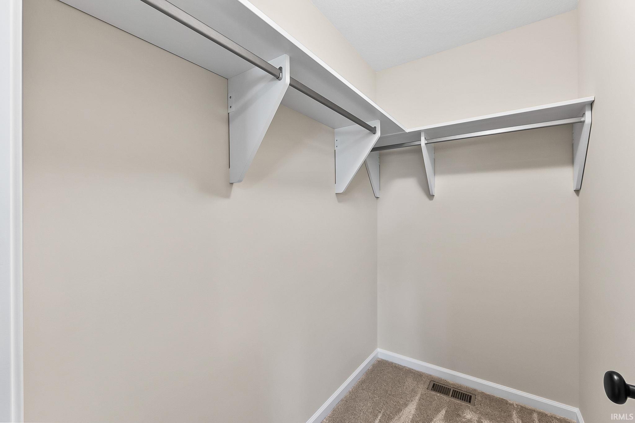 Spacious walk-in closet featuring dual hanging rods with adjustable shelving, polished metal hardware, and carpeted flooring for comfort and organization