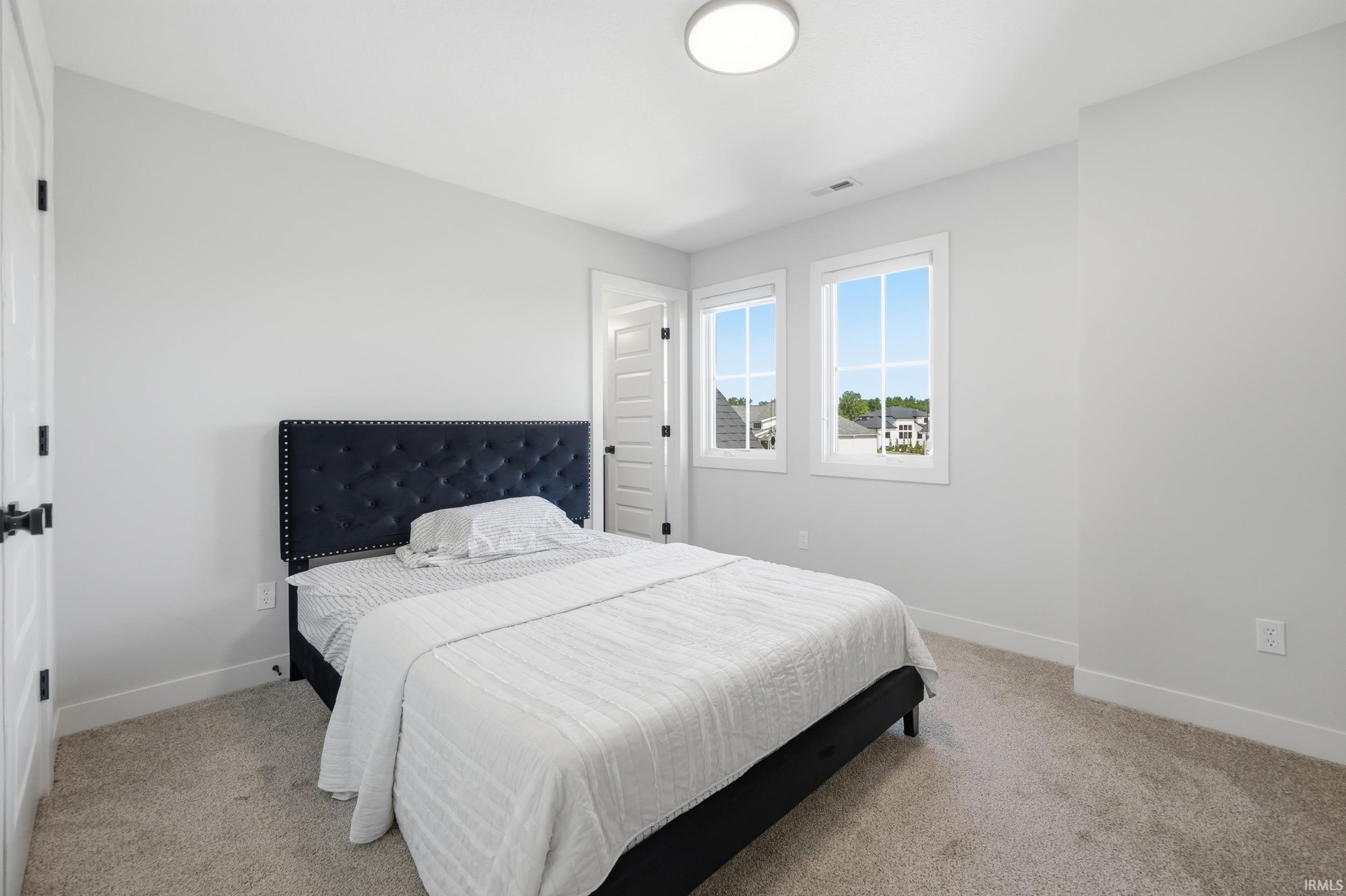 Carpeted room with light gray walls, two bright windows, a flush-mount ceiling light, and white trim