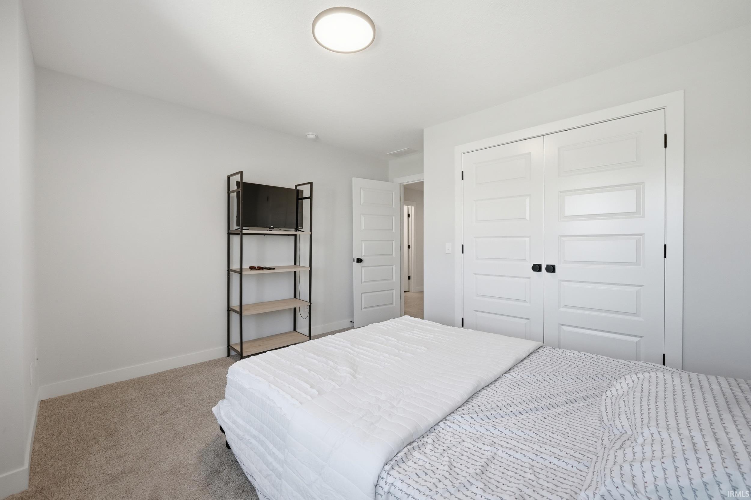 Spacious room featuring neutral carpeting, light-toned walls, and a modern ceiling light fixture
