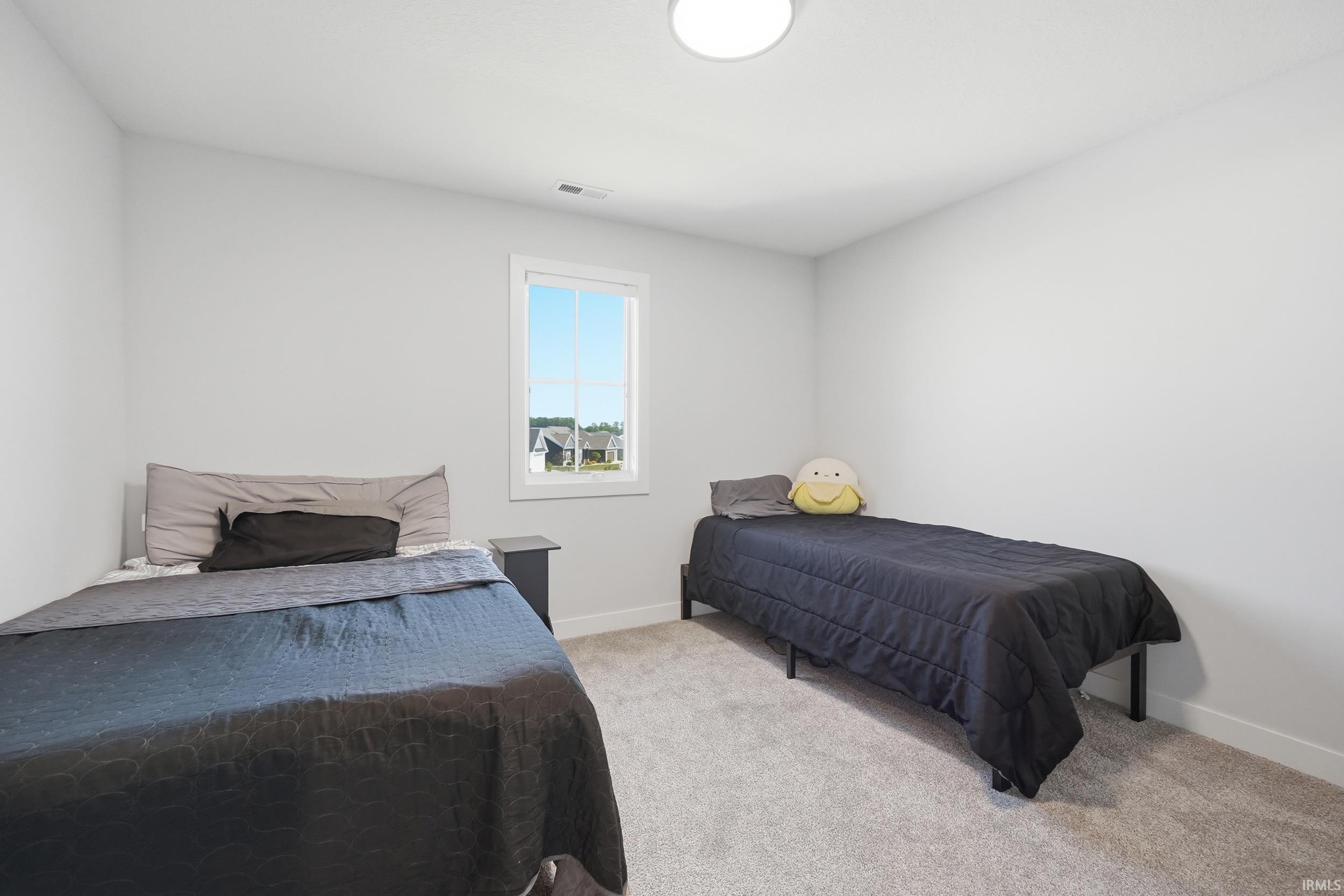 Carpeted room with a single window and white trim