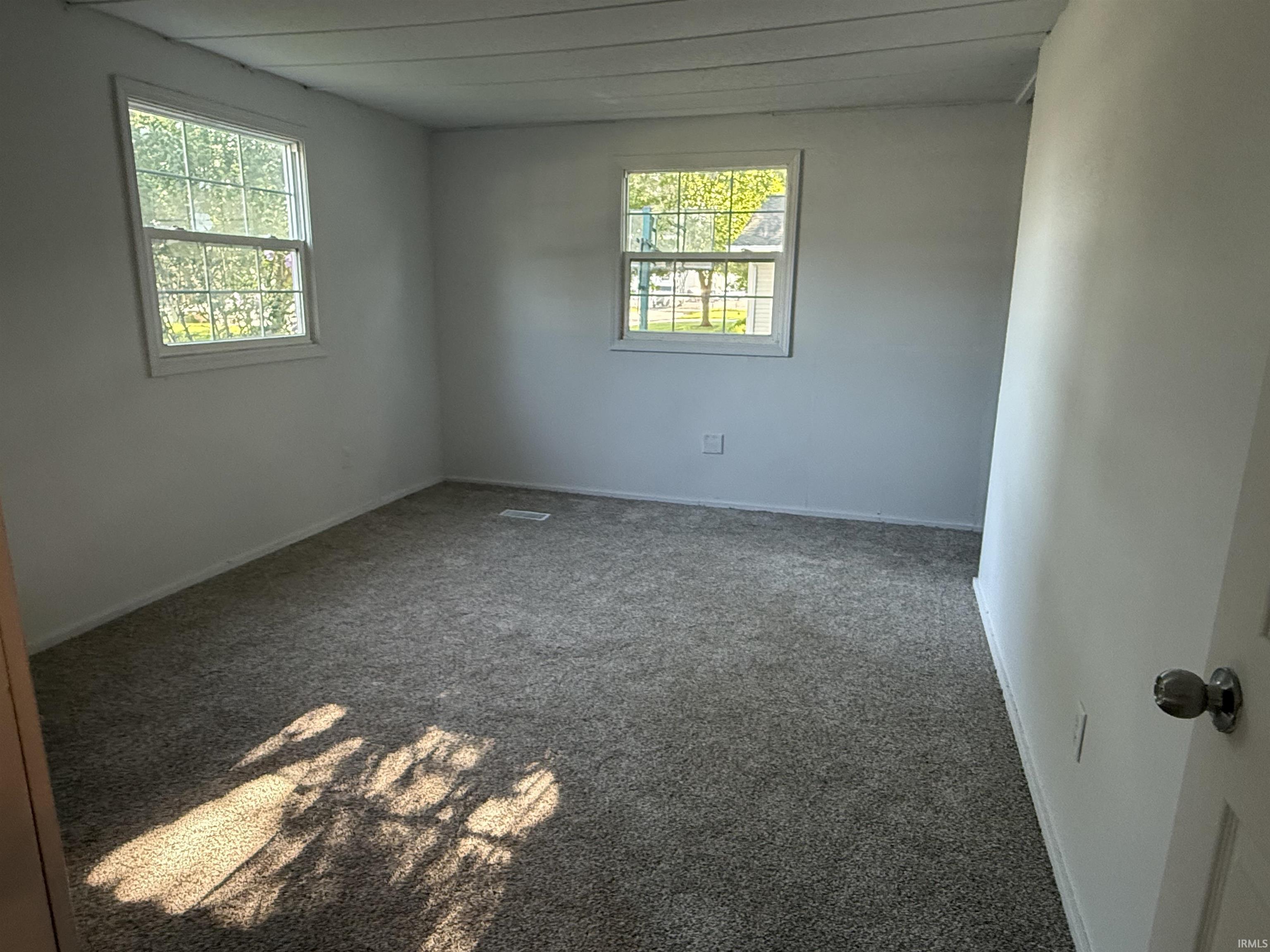Carpeted room featuring two multi-pane windows and white painted walls
