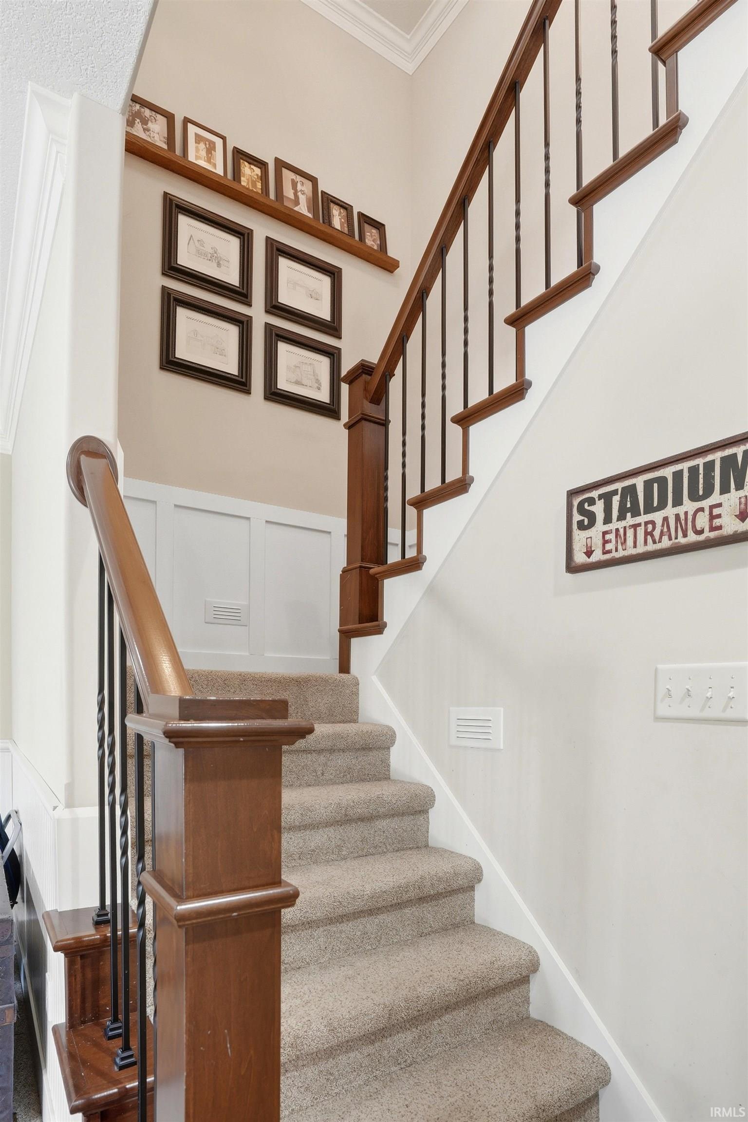 Staircase featuring wood handrails, black iron balusters, and plush carpeting