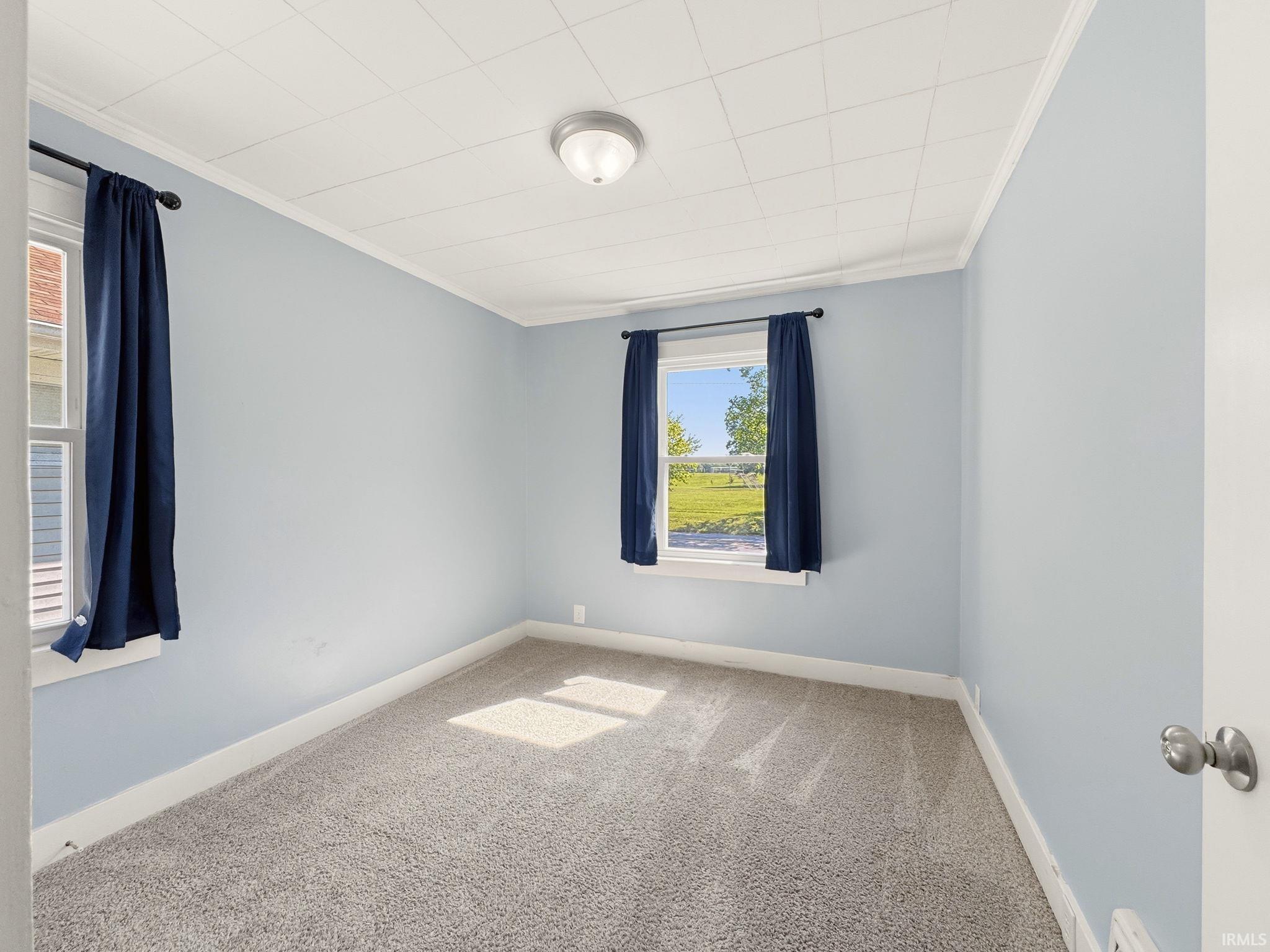 Bedroom featuring light blue walls, gray carpet, white trim, and two windows