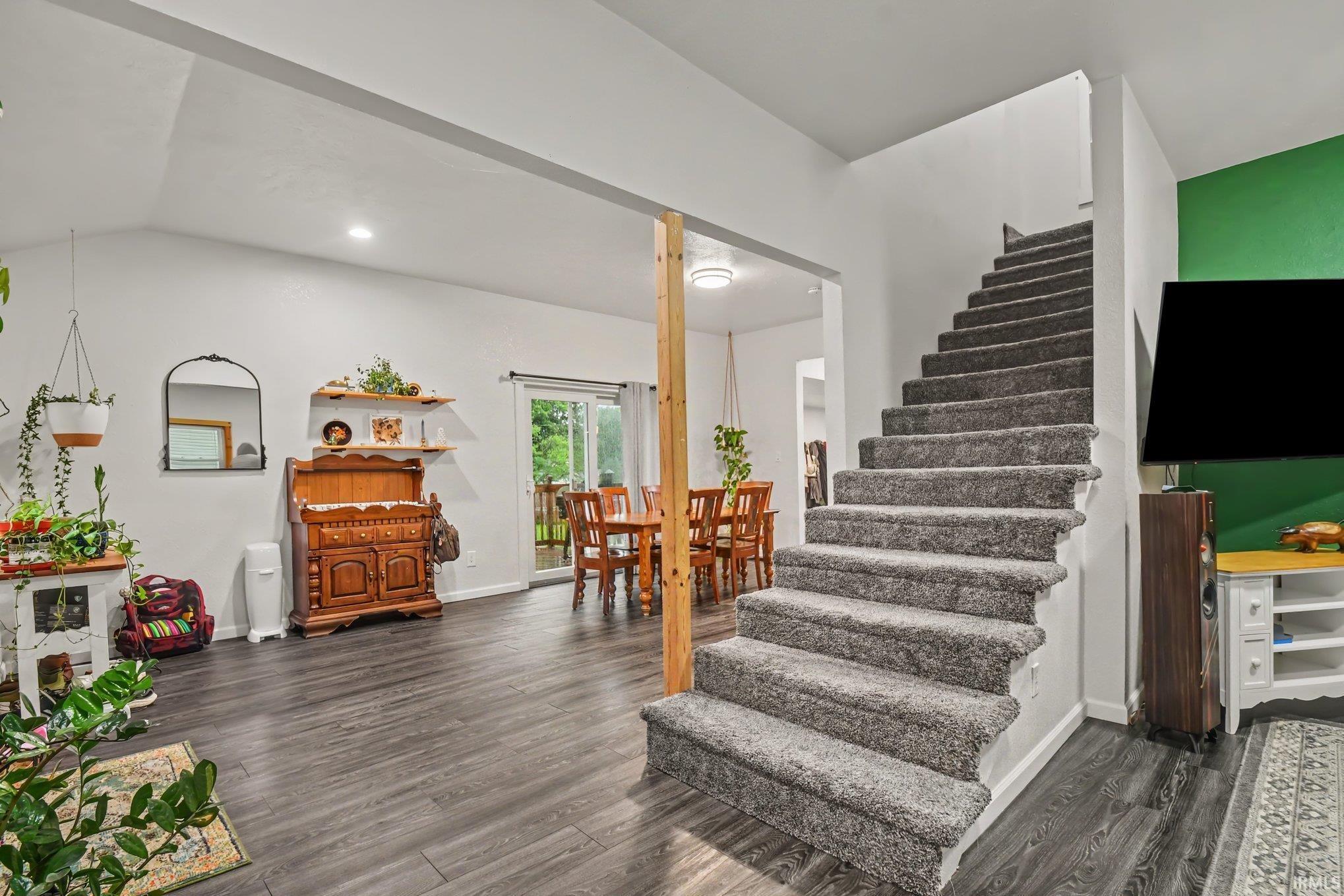 Carpeted staircase with white risers and dark wood-finish flooring