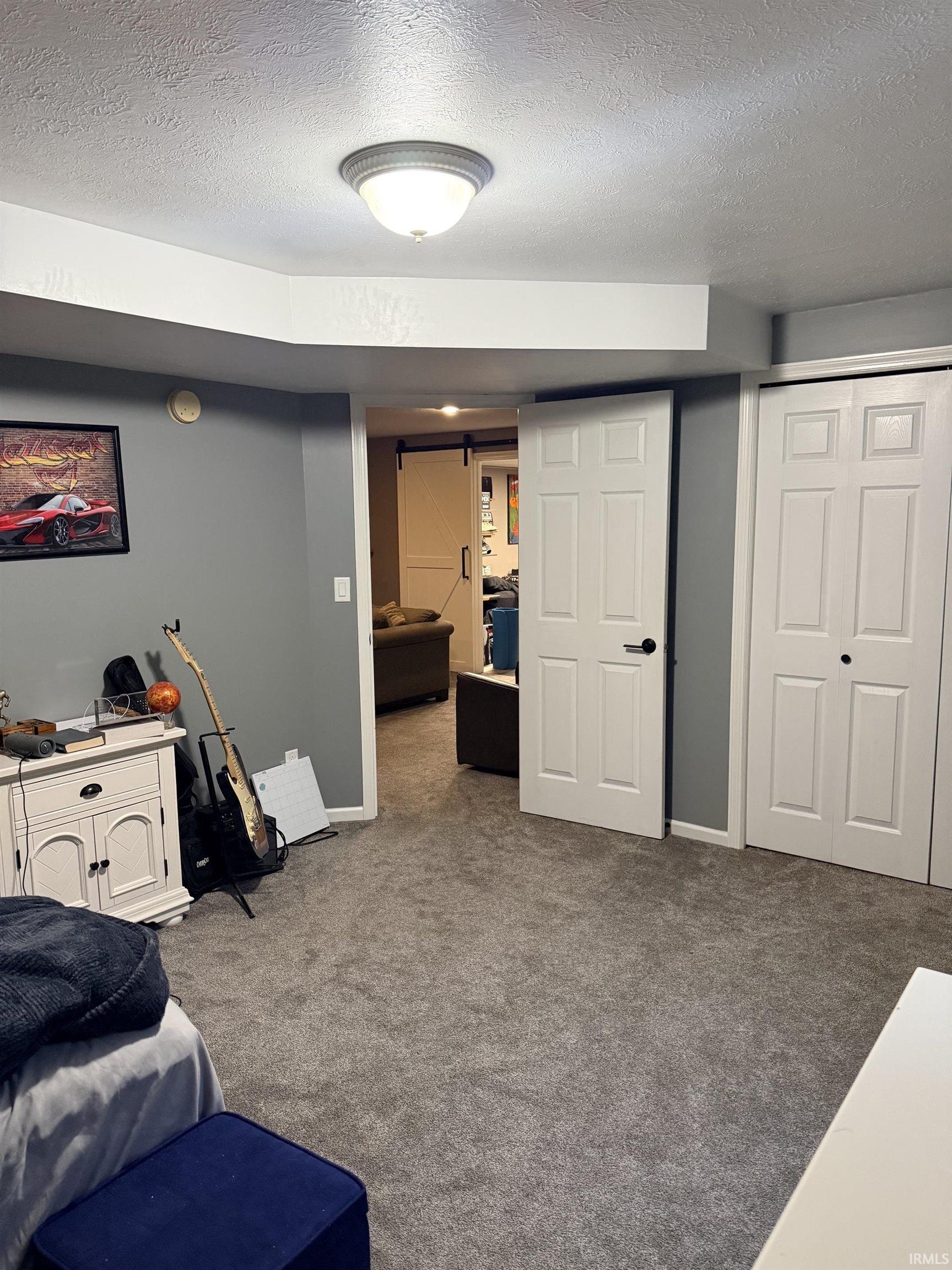 Spacious basement recreation room featuring neutral carpeting, recessed ceiling lighting, and multiple closet storage