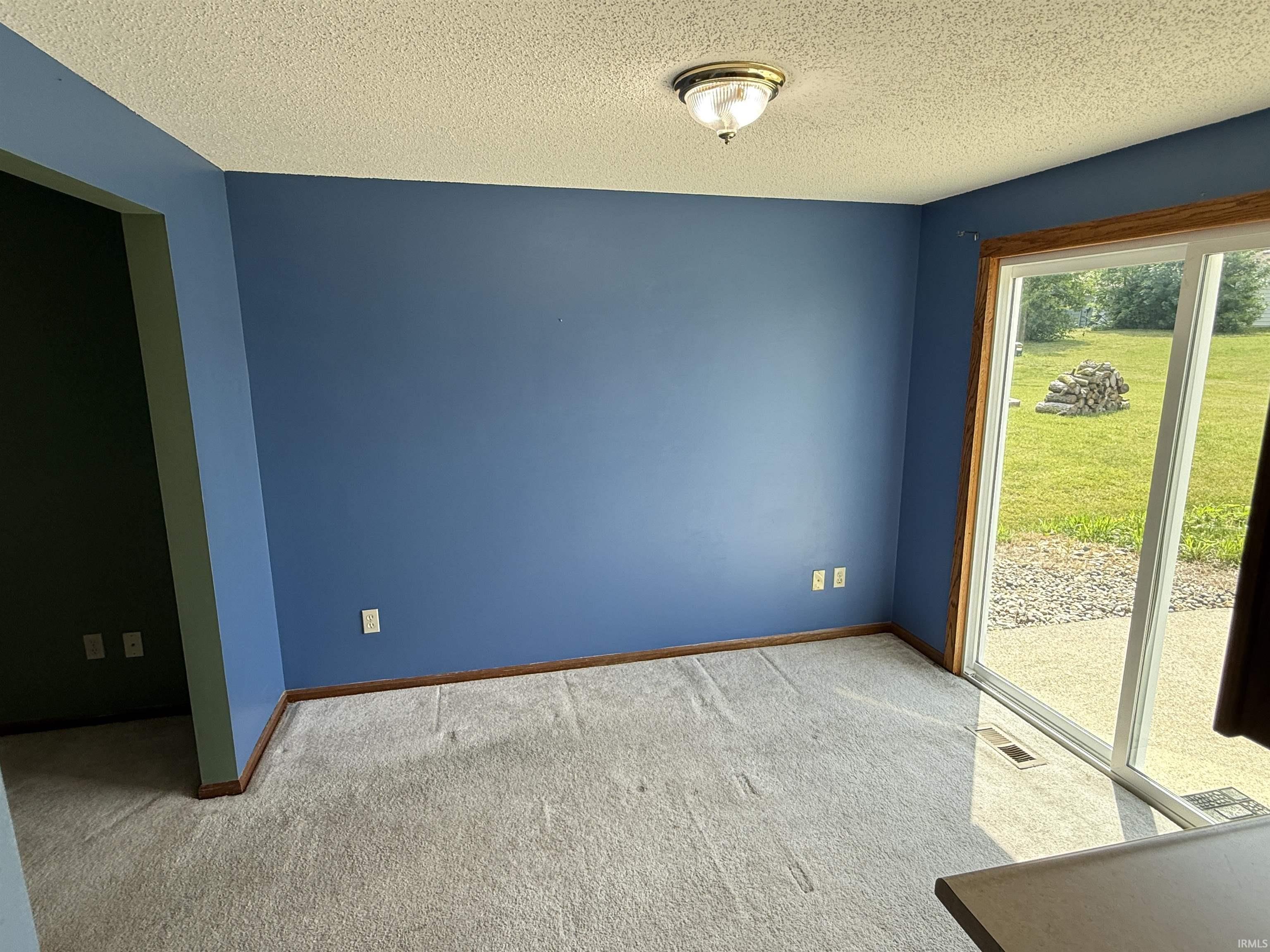 Spacious room featuring light-toned carpeting, blue painted walls, and a textured ceiling