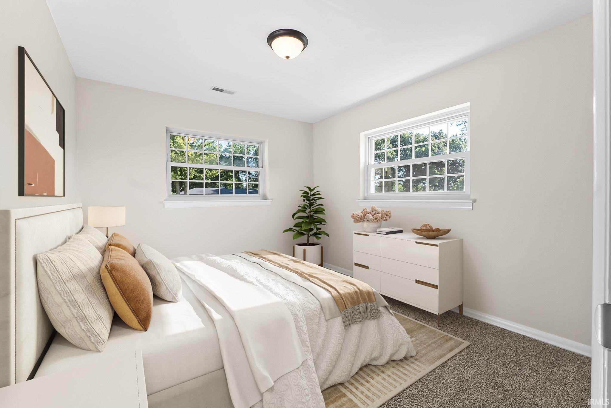 Plush carpeting, two windows, ceiling-mounted light fixture, and white wall finishes