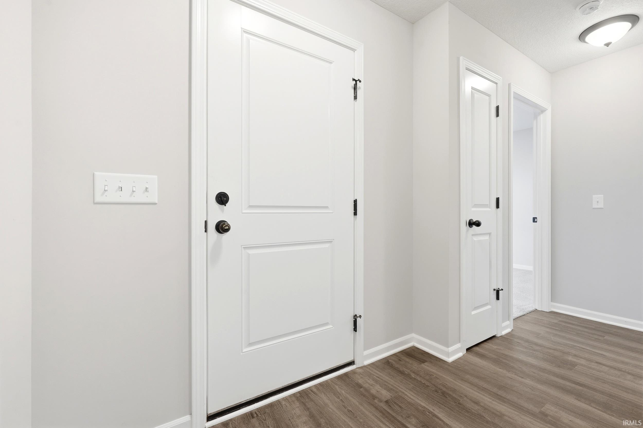 Wood-finish flooring, white panel doors, matte black hardware, and light neutral wall paint