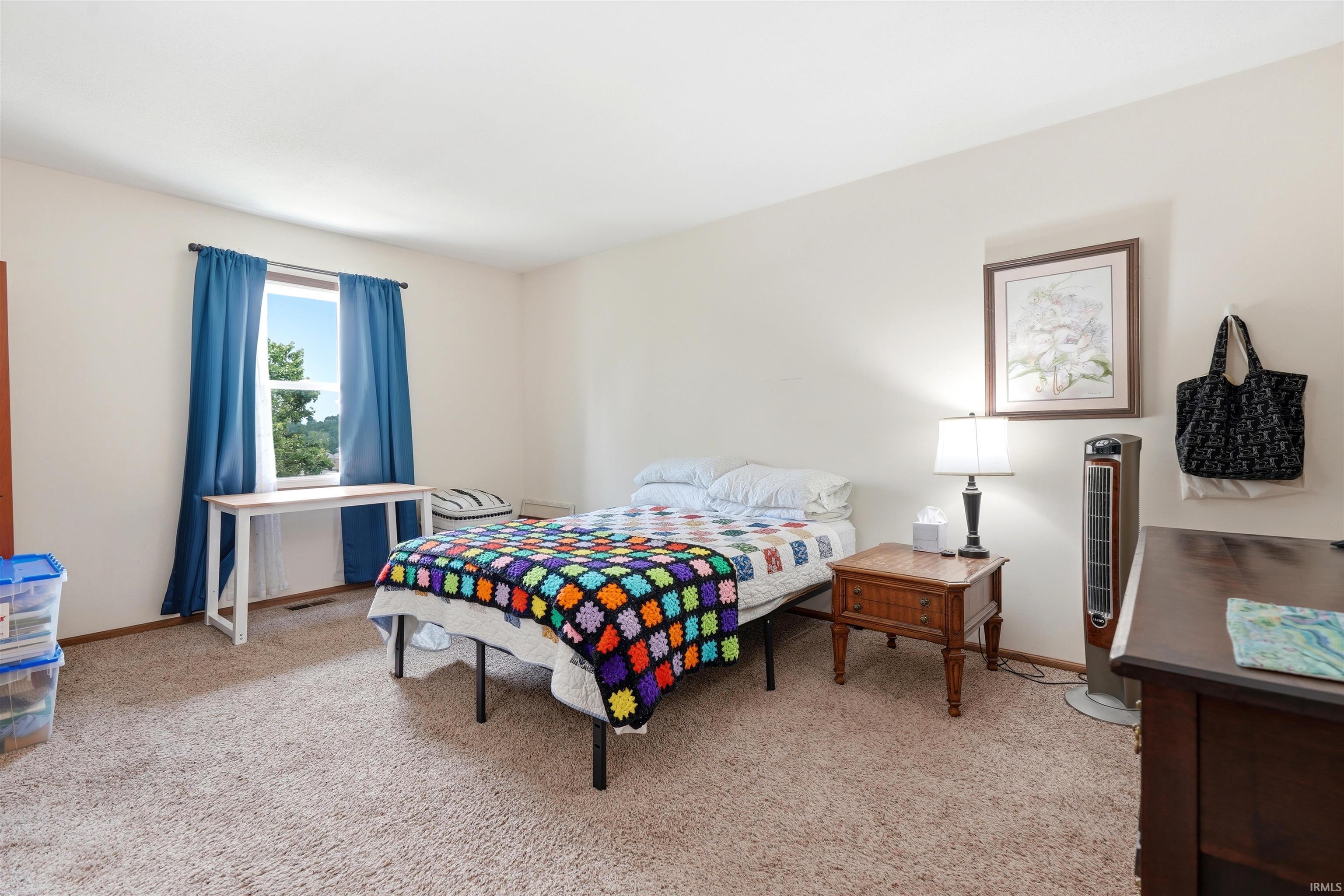 Wall-to-wall carpeting with light-toned walls and ample natural light