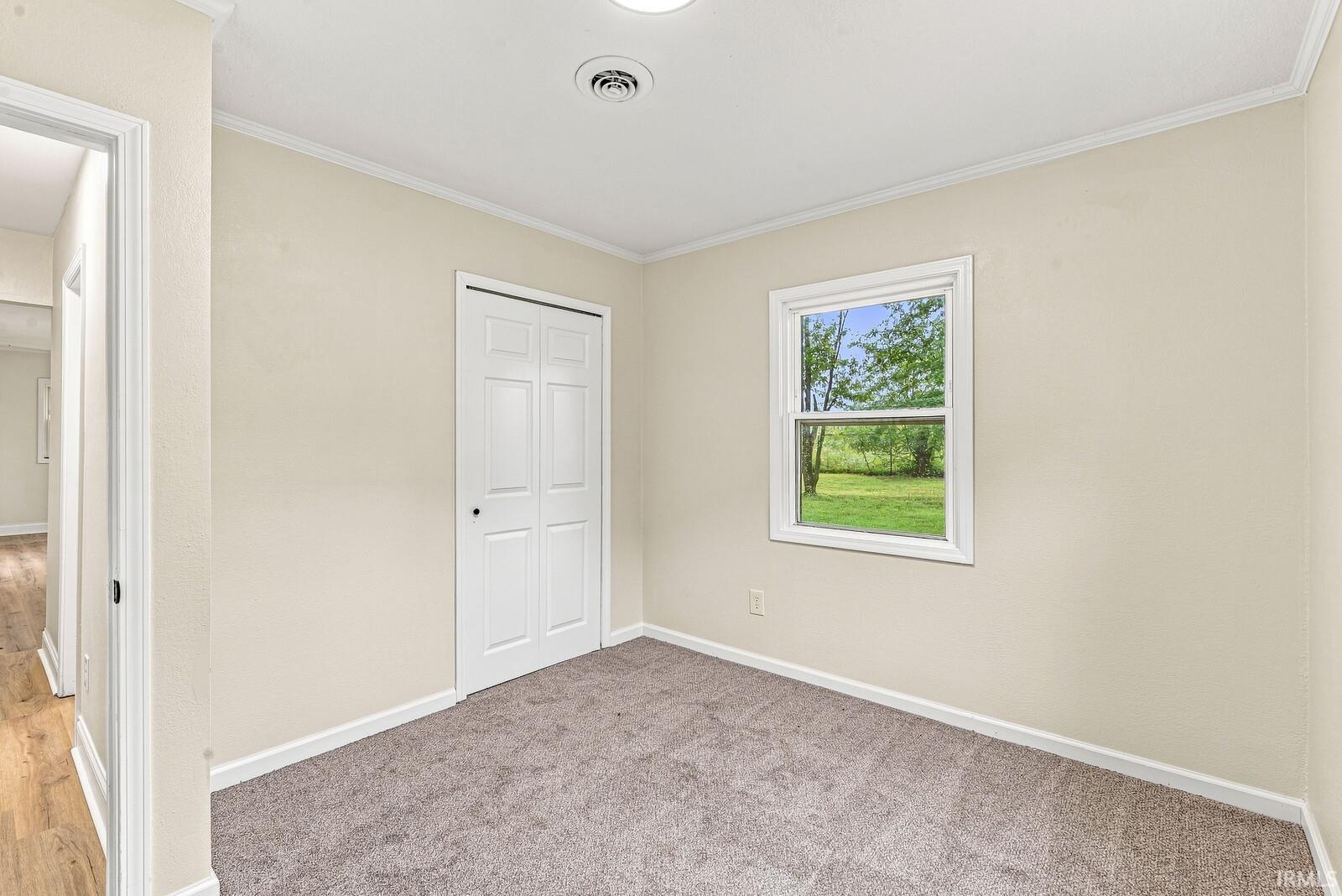 Neutral wall paint, plush carpeting, bi-fold closet doors, and a double-hung window