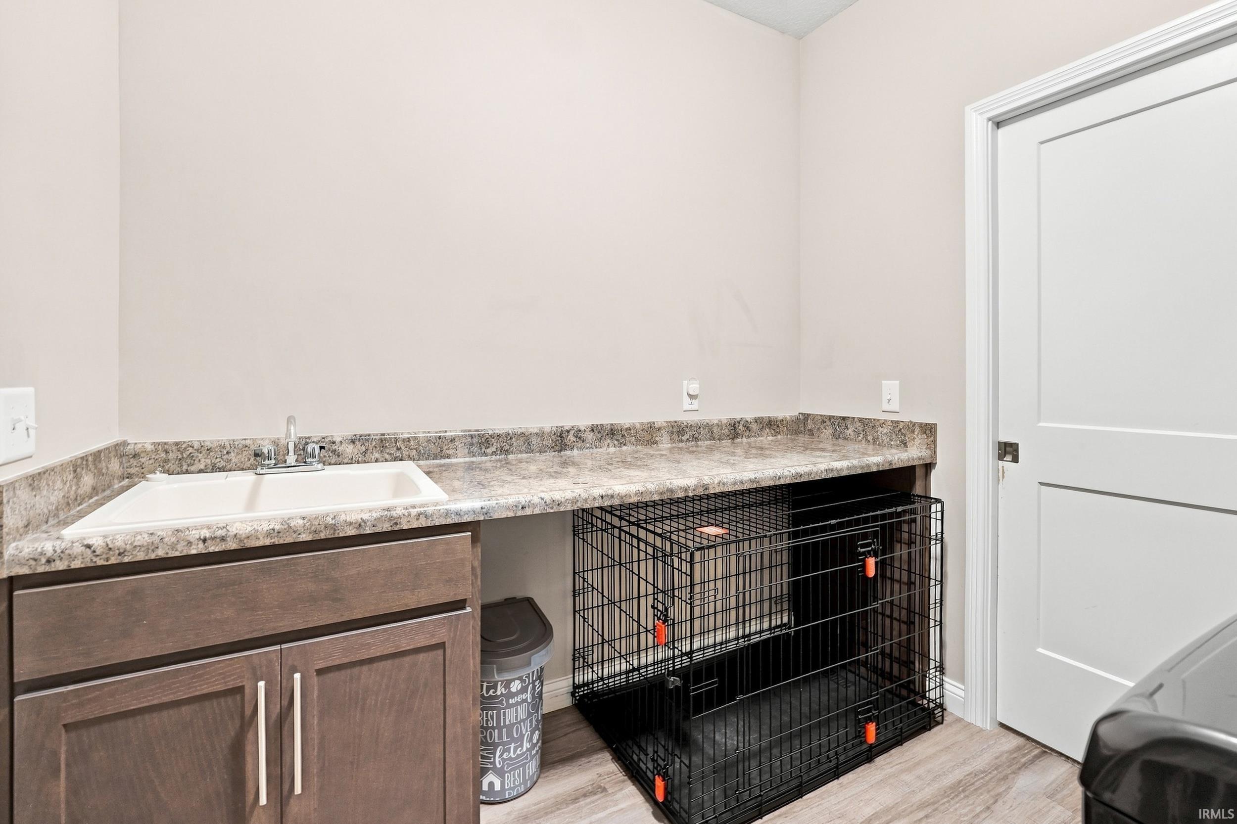 Utility space featuring a built-in sink, an expansive countertop, wood-finish flooring, and a white paneled door