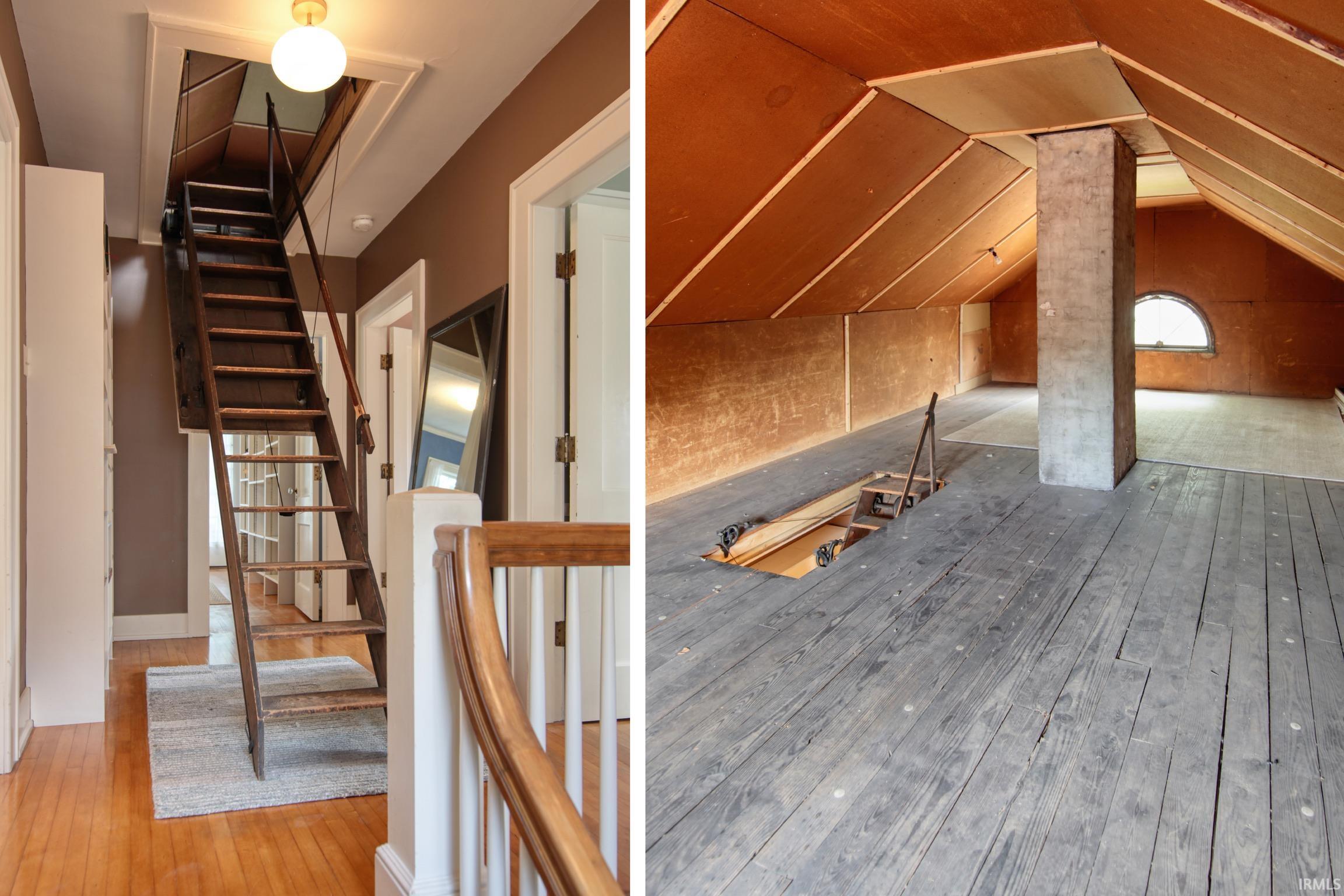 Attic access with a fixed ladder leading to an expansive attic space featuring exposed wood-finish flooring, a semicircular window, and sloped ceilings