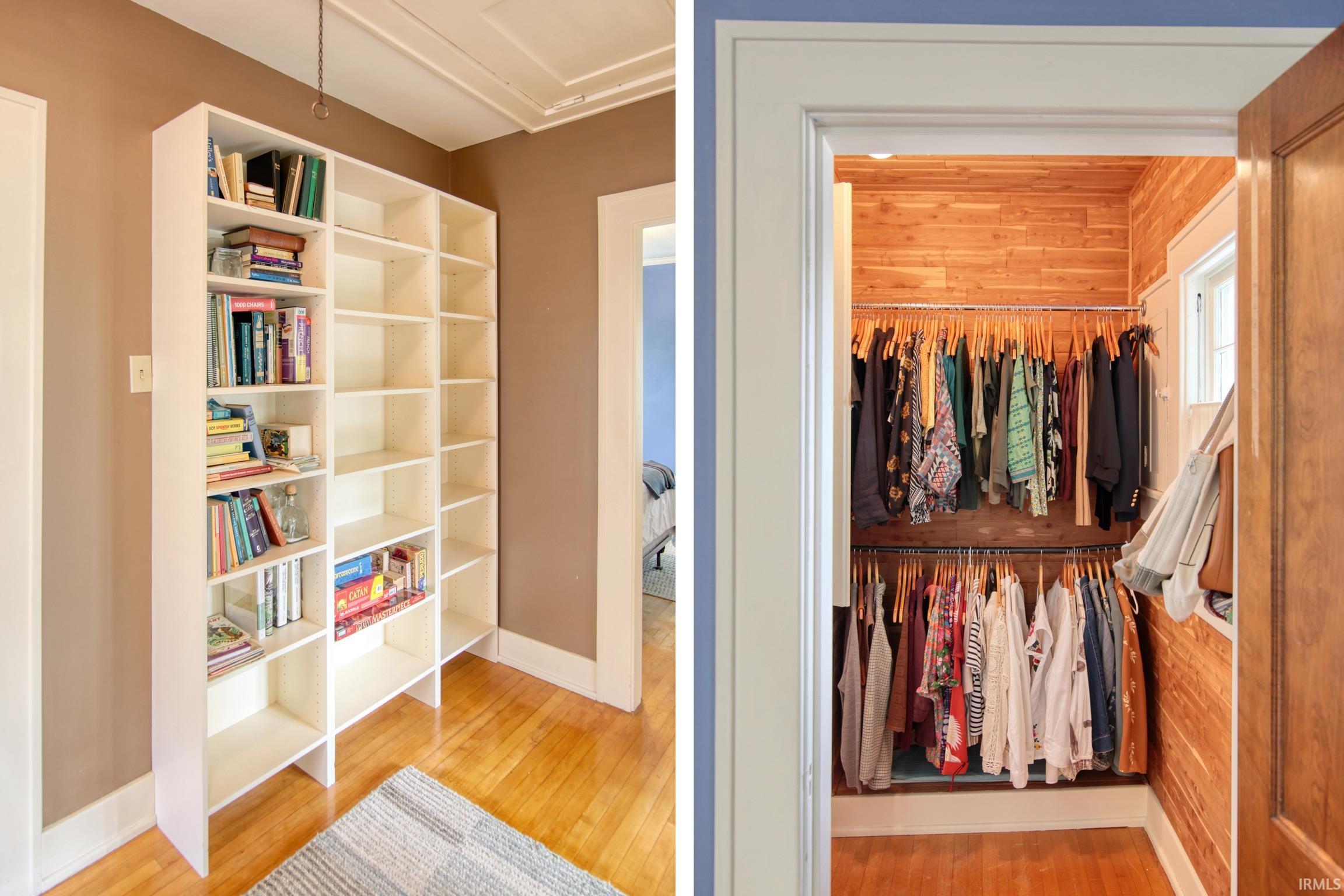 Built-in white shelving unit and wood-finish flooring