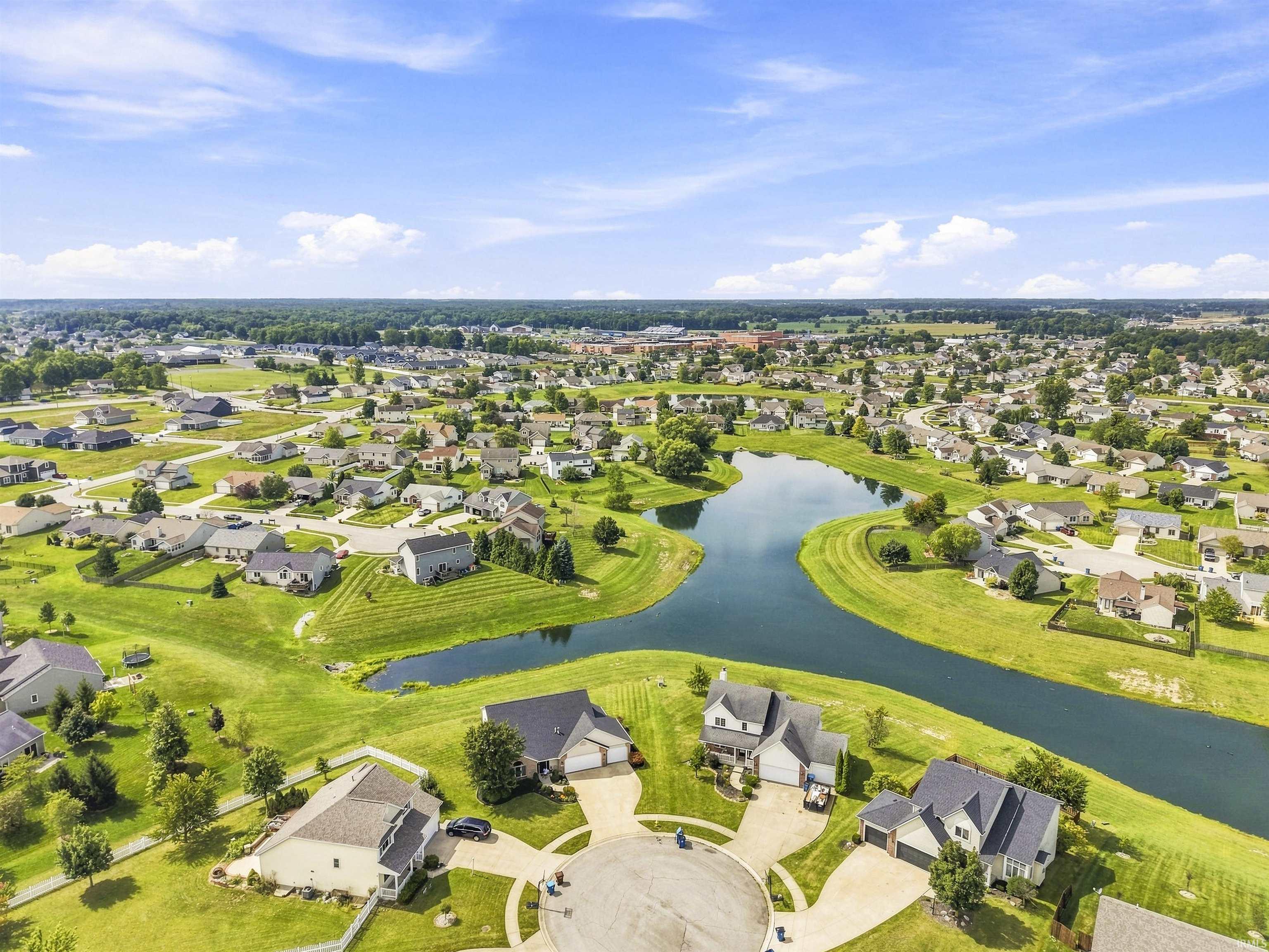 Residential neighborhood with a winding water feature