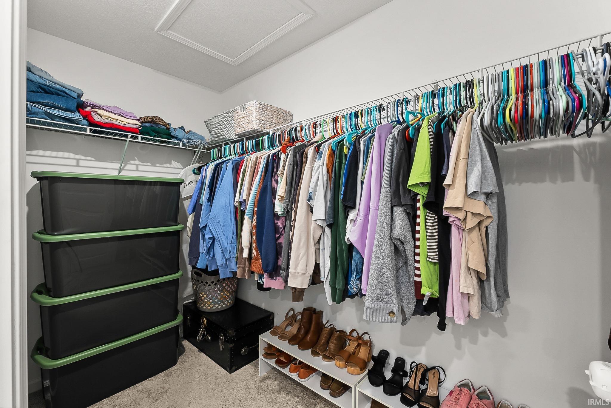 Walk-in closet featuring wire shelving and hanging rods