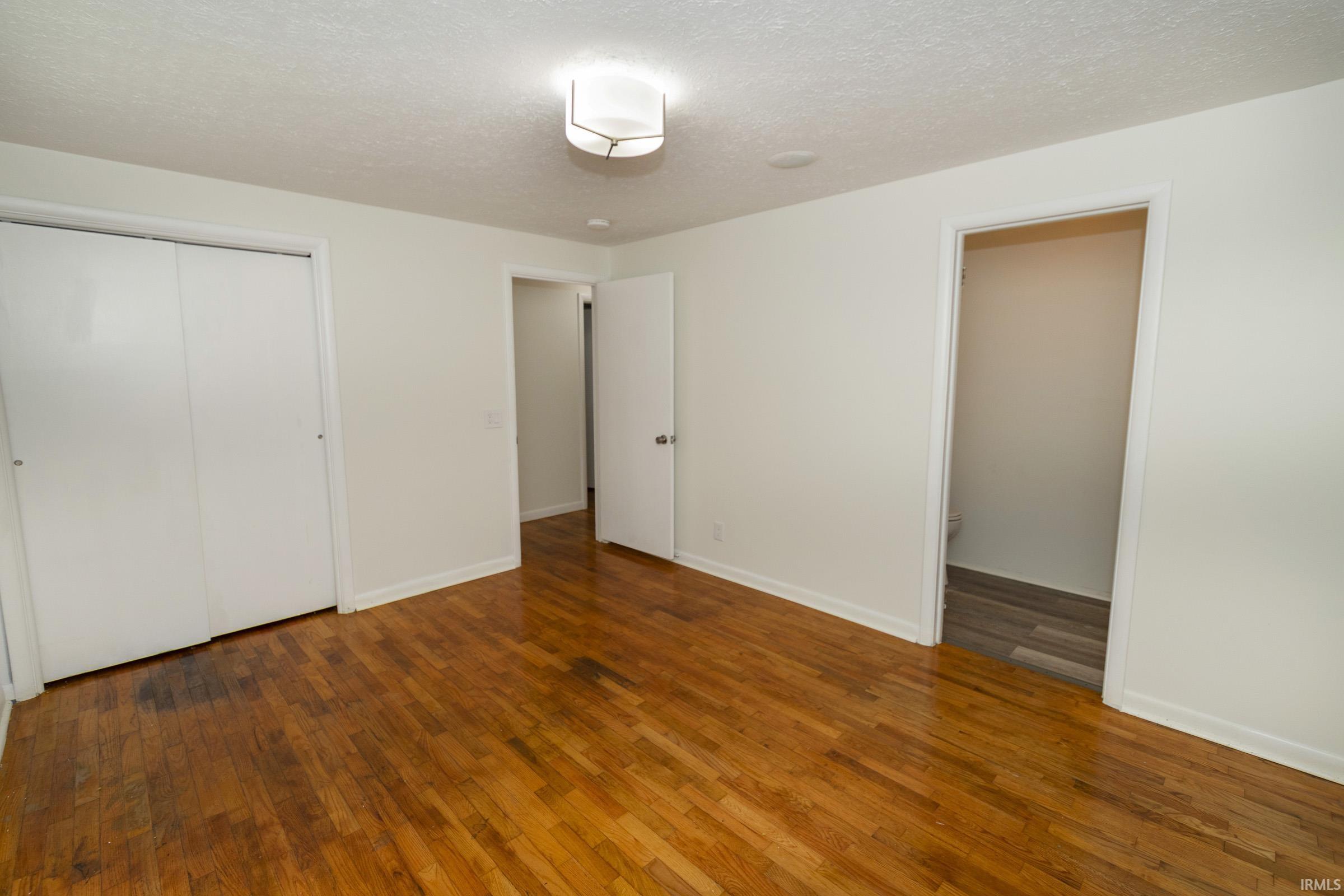 Spacious bedroom with warm wood-finish flooring, multiple closet options including double doors and single-door entry, and bright overhead lighting
