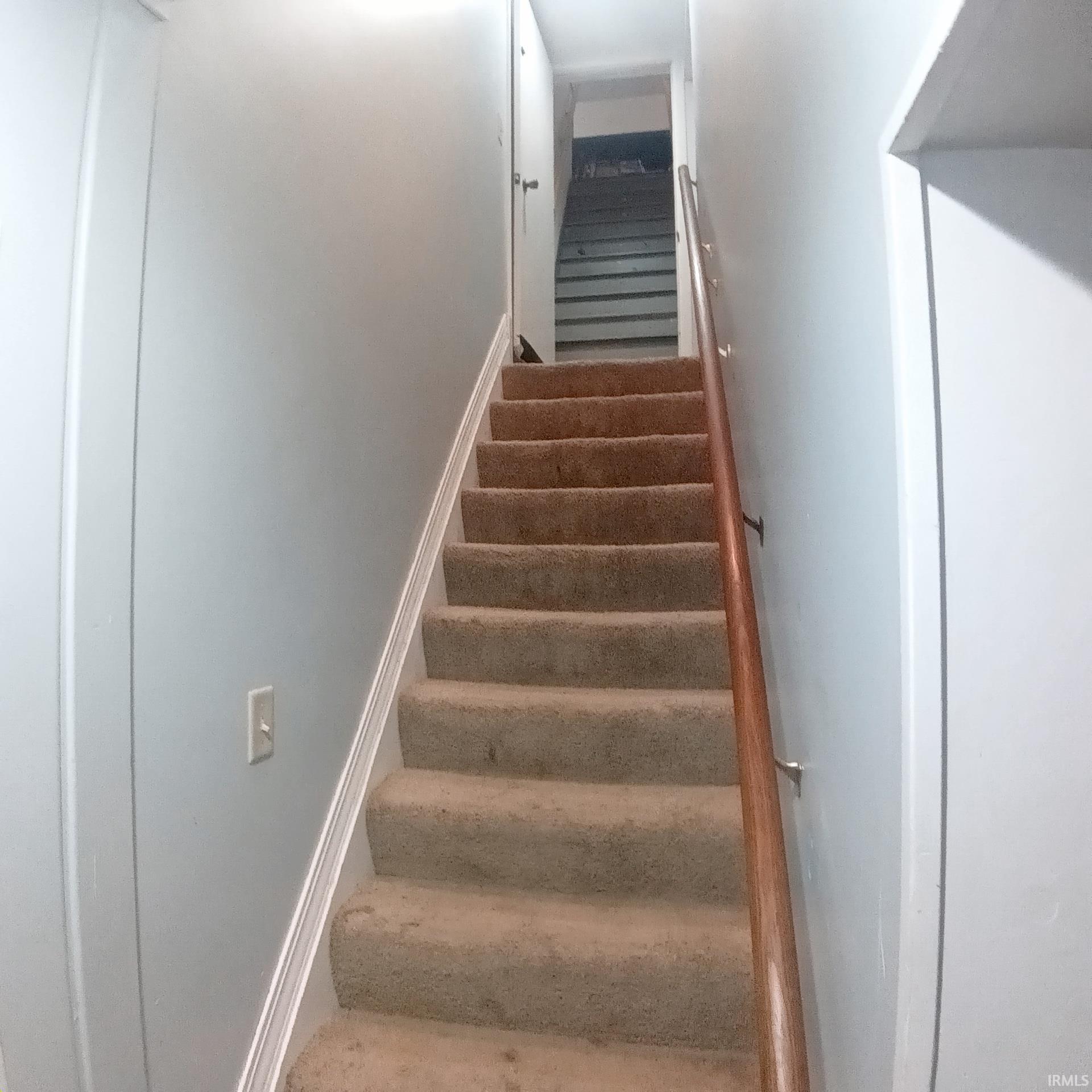 Carpeted staircase with a wood-finish handrail